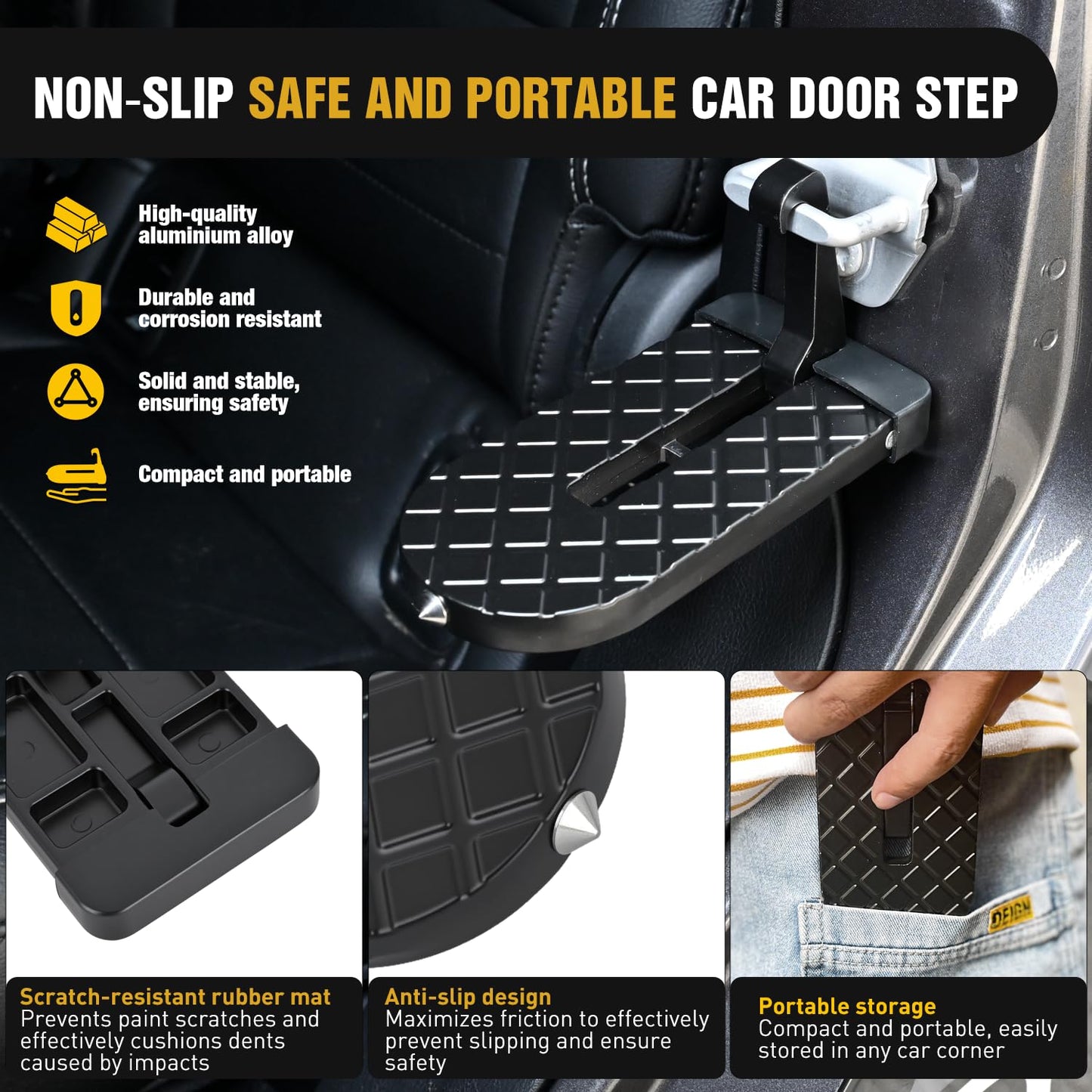 Nilight Car Door Step for Roof Access Universal Car Step Hook for Roof SUV Trucks Folding Aluminum Alloy Vehicle Door Latch Step Pedal with Glass Breaker Safety Hammer, Max Load 400lbs, 2 Pack Black