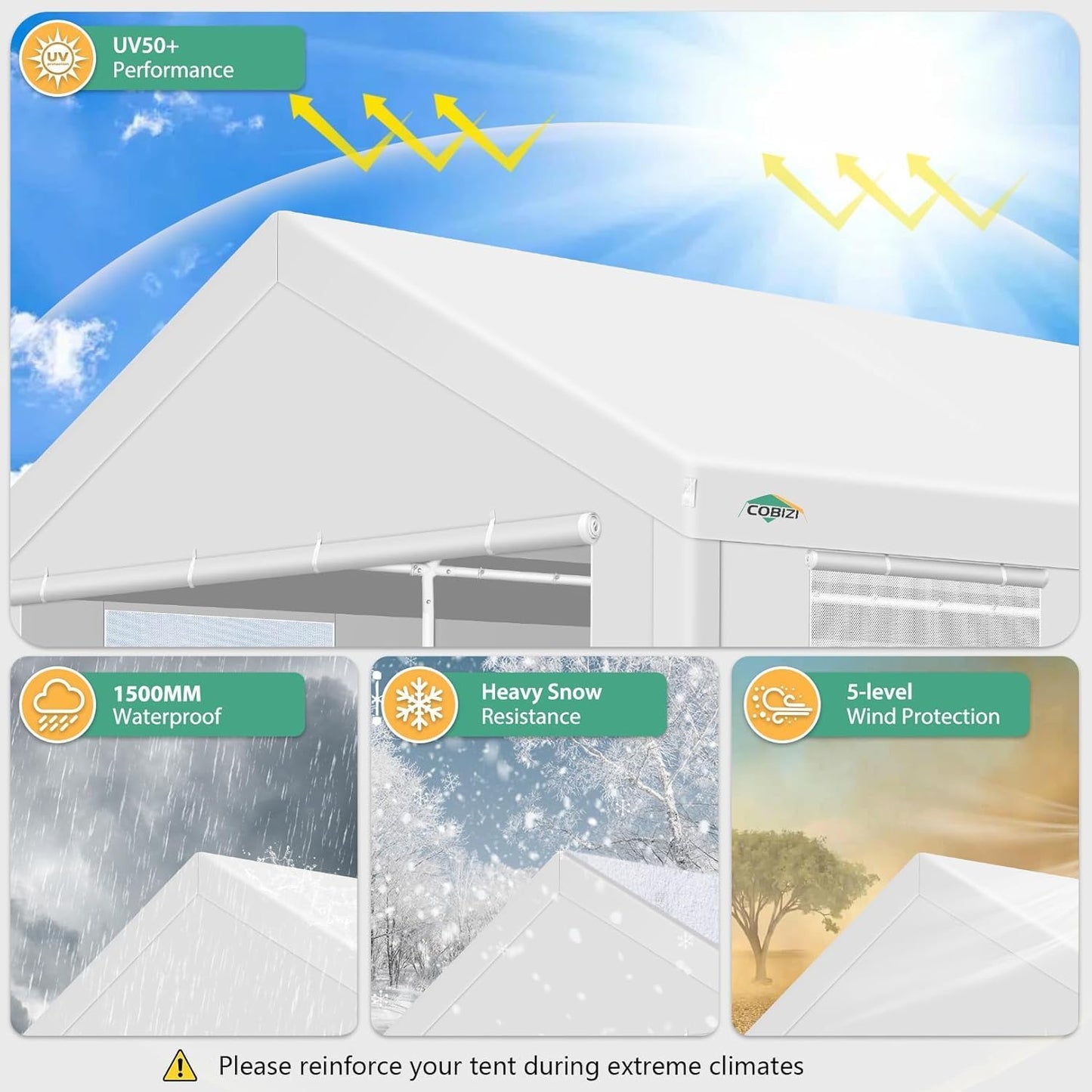 COBIZI Carport 12x20ft Heavy Duty Portable Garage, 2.0 Powder Coated Frame(Better Than Galvanized), Waterproof Shelter with Removable Sidewalls & Windows, Built-in Sandbags, for Car/Boat/SUV, White