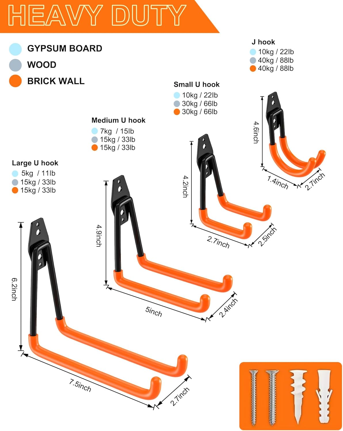 QcoQce 16 Pack Garage Hooks Heavy Duty with 2 Extension Cord Straps,Garage Storage Hooks, Wall Mount Hooks, Garage Organization and Tool Hangers for Bike, Ladder, Ropes and Garden Tools(Orange)