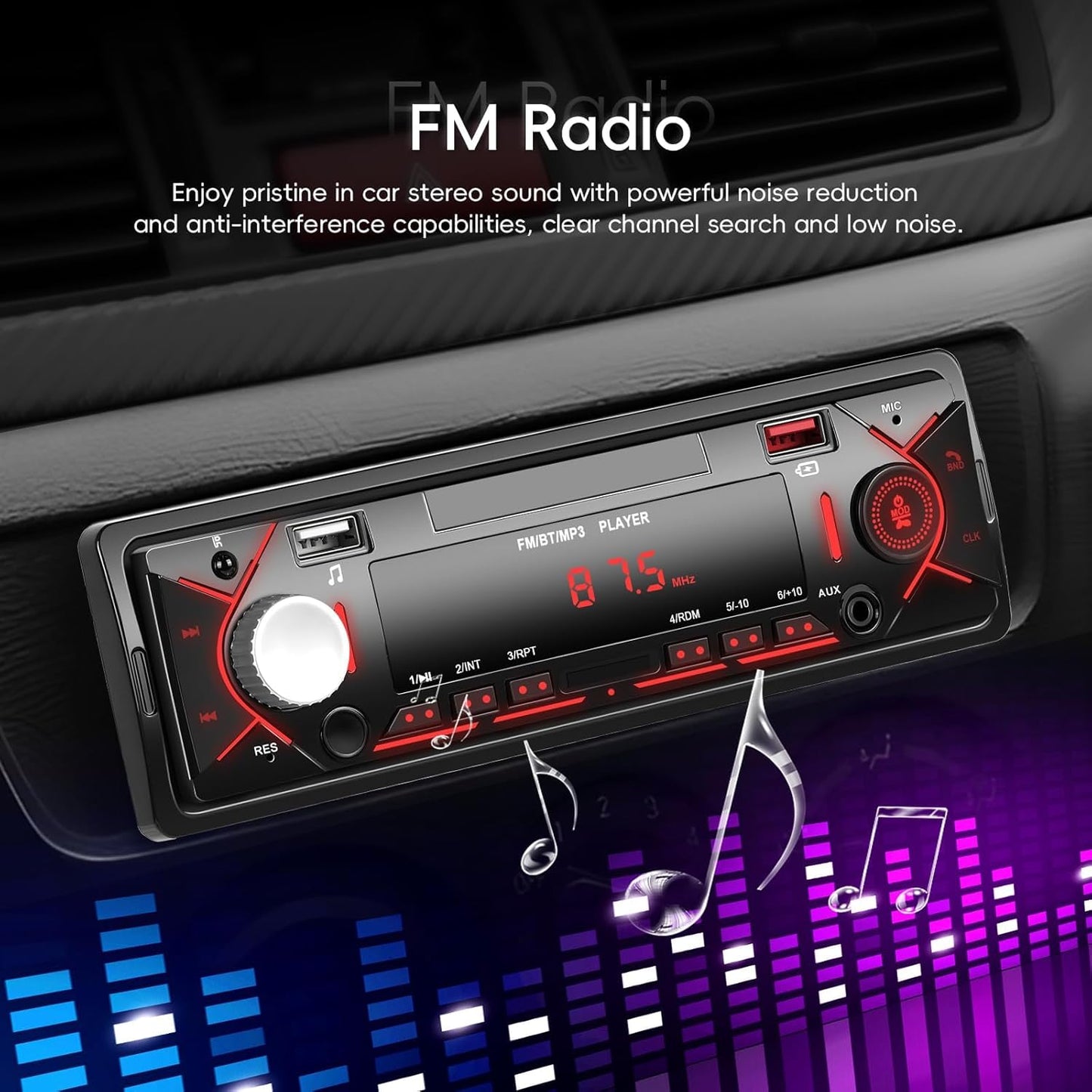 Car Radio Single Din Bluetooth Digital Car Stereo Receiver Hands-Free Calls Audio Multimedia System with 2 USB/AUX FM Radio USB Quick Charge MP3 Player