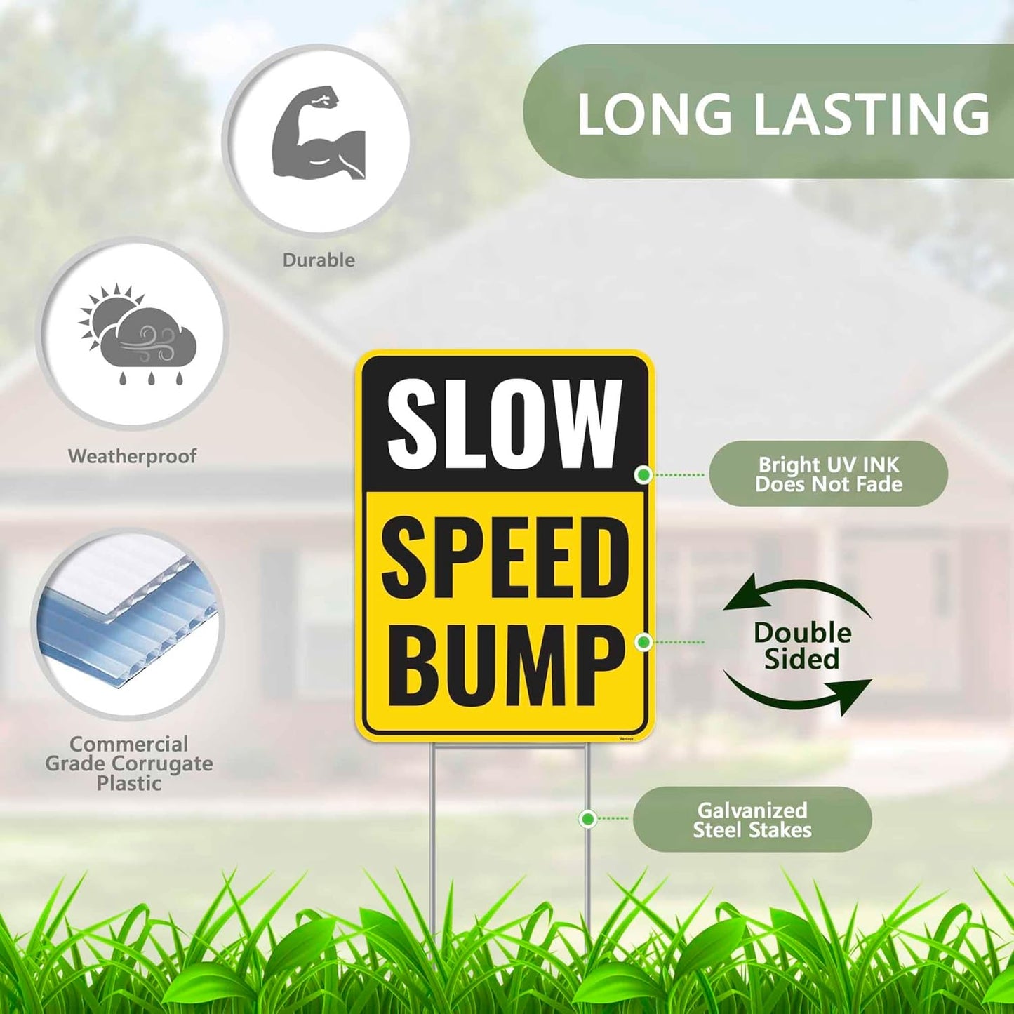 2PC Speed Bump Sign with Stakes, 17 Inches by 13 Inches - Corrugated Plastic - Caution Bump Ahead Signs