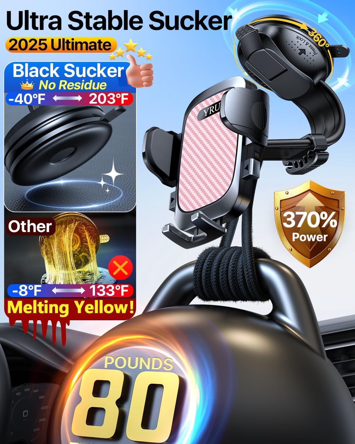 YRU [2025 Ultimate Car Phone Holder [Bendable & Adjustable Aluminum Arm] Cell Phone Automobile Cradles Dashboard Windshield Pickup Truck Phone Mount for iPhone 16 15 14 13 Pro Max Samsung, Pink