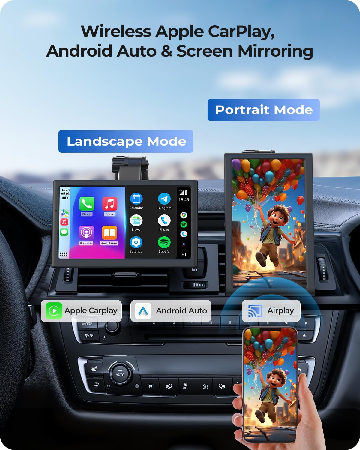 7" Wireless Portable 60FPS Car Play Screen for Apple CarPlay & Android Auto, Portrait and Landscape Modes, Mirror Link, Bluetooth, Voice Control, GPS Navigation