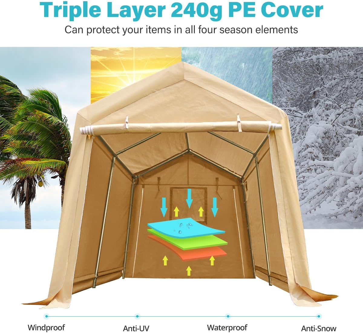 ADVANCE OUTDOOR 8X14 ft Steel Metal Peak Roof Portable Garage Shelter Storage Shed Carport for Motorcycle Bike or Garden Tools with 2 Roll up Doors & Vents, Beige