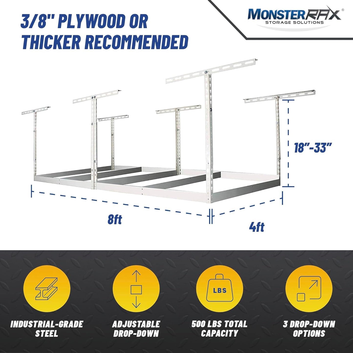 MonsterRax 4x8 Overhead Garage Storage Rack Frame Kit - Hanging Storage Shelves, Ceiling Storage Rack System, Overhead Garage Organizers And Storage, Ceiling Shelving - (White, 18"-33")