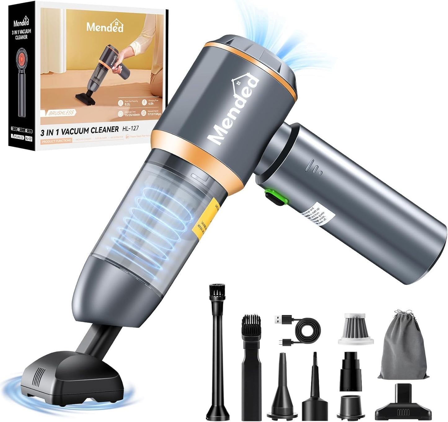 MENDED Handheld Car Vacuum Cleaner 15000PA Portable,Cordless 3 in 1 Handheld Vacuum with 2025 Upgrade Brushless Motor and Type C for Car,Office and Home Cleaning HL127 (Rose Gold)