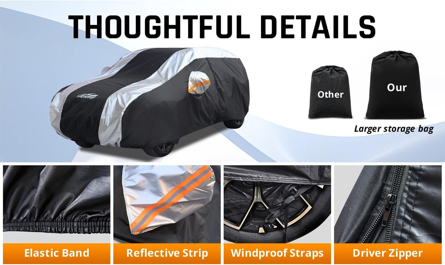 Small Car Cover All Weather Protection with Silver Stripe Design,Hatchback Car Cover Universal Fit Nissan Leaf, Honda Civic Hatchback, Mazda 3 Hatchback, VW Golf, Toyota Corolla Hatchback