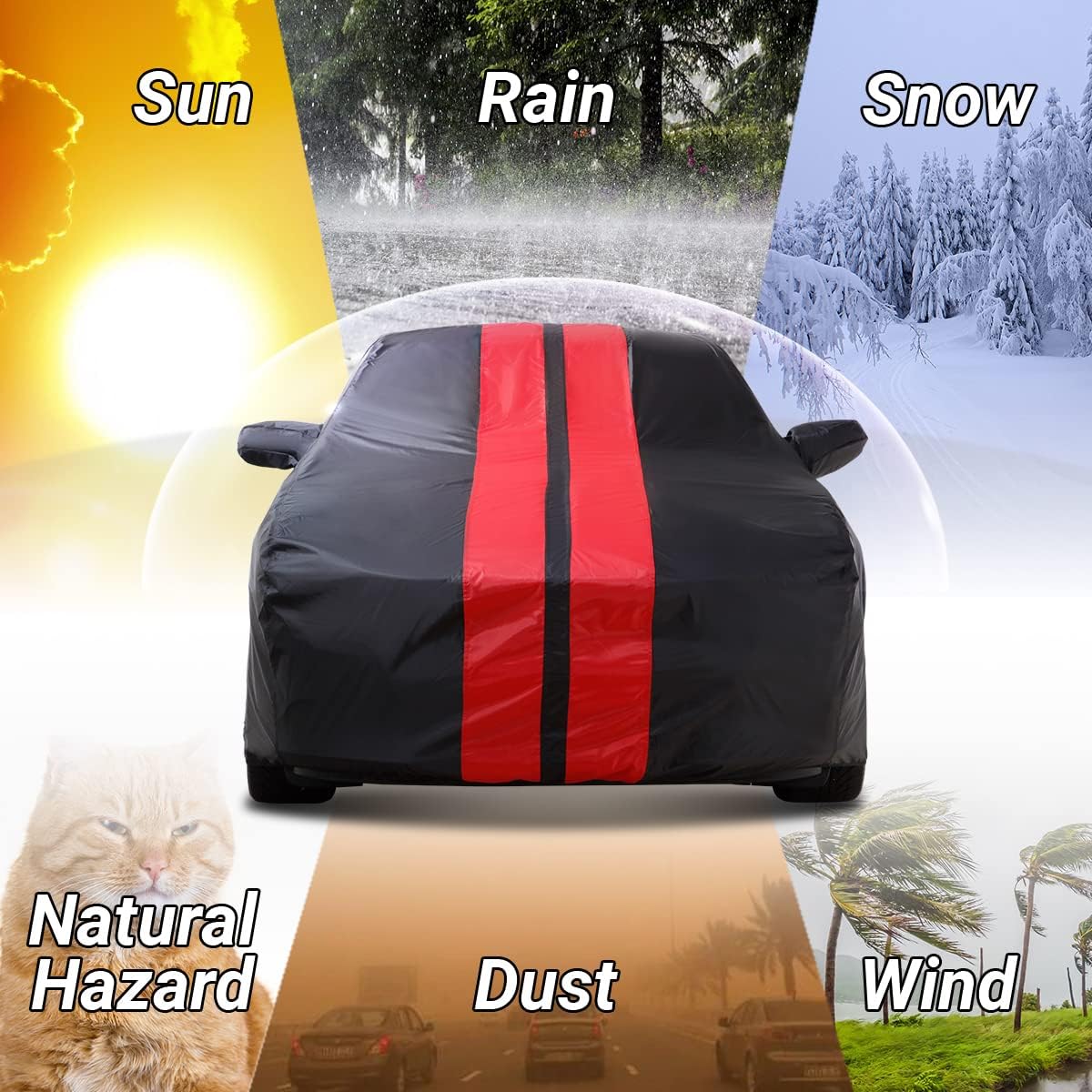 iCarCover Custom Car Cover for 2005-2025 Ford Mustang GT, Ecoboost, Mach 1, V6 Waterproof All Weather Rain Snow UV Sun Protector Full Exterior Indoor Outdoor Car Cover (Stripe - Black/Red)