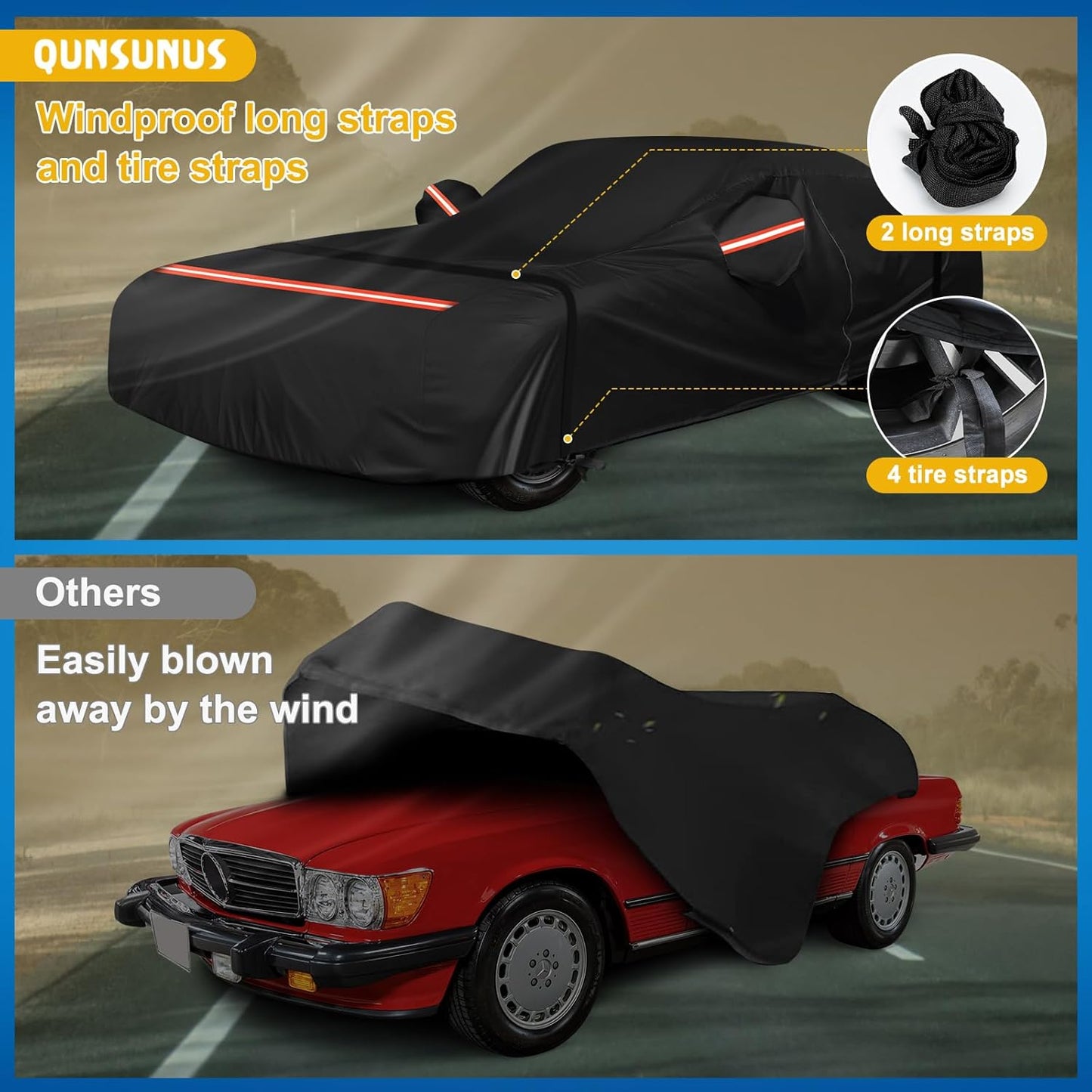 QUNSUNUS Waterproof Car Cover for Mercedes Benz SL-Class 380SL 420SL 450SL 500SL 560SL 2 Door 1971-2002, All Weather Outdoor Car Covers with Zipper, Straps and Elastic Edge