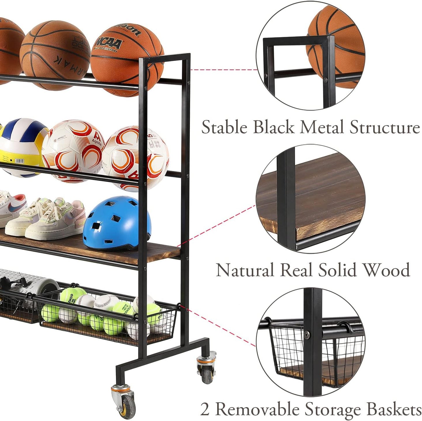 MyGift Sports Ball Organizer for Garage with Wheels, 4 Tier Large Heavy Duty Basketball Holder Stand, Black Metal Sports Equipment Storage Rack with Burnt Solid Wood Shelf, and 2 Basket Training Equip