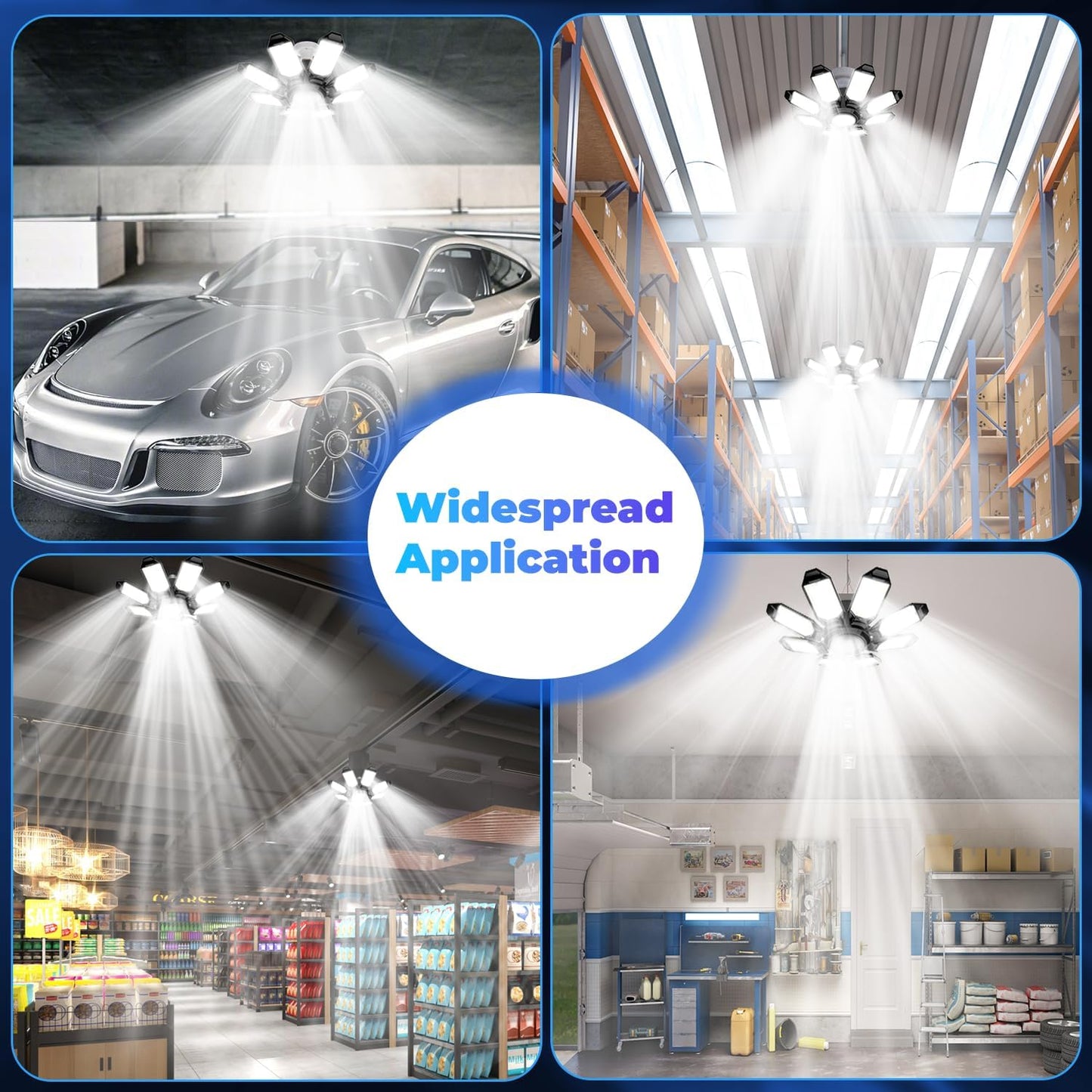 LED Garage Light - 2Pack Bright 50000LM Garage Lights Ceiling Led w/ 8 Deformable Panels 6500K Led Light Bulb Srew in E26/E27 Socket with Adjustable Center Spotlight for Barn Workshop Attic