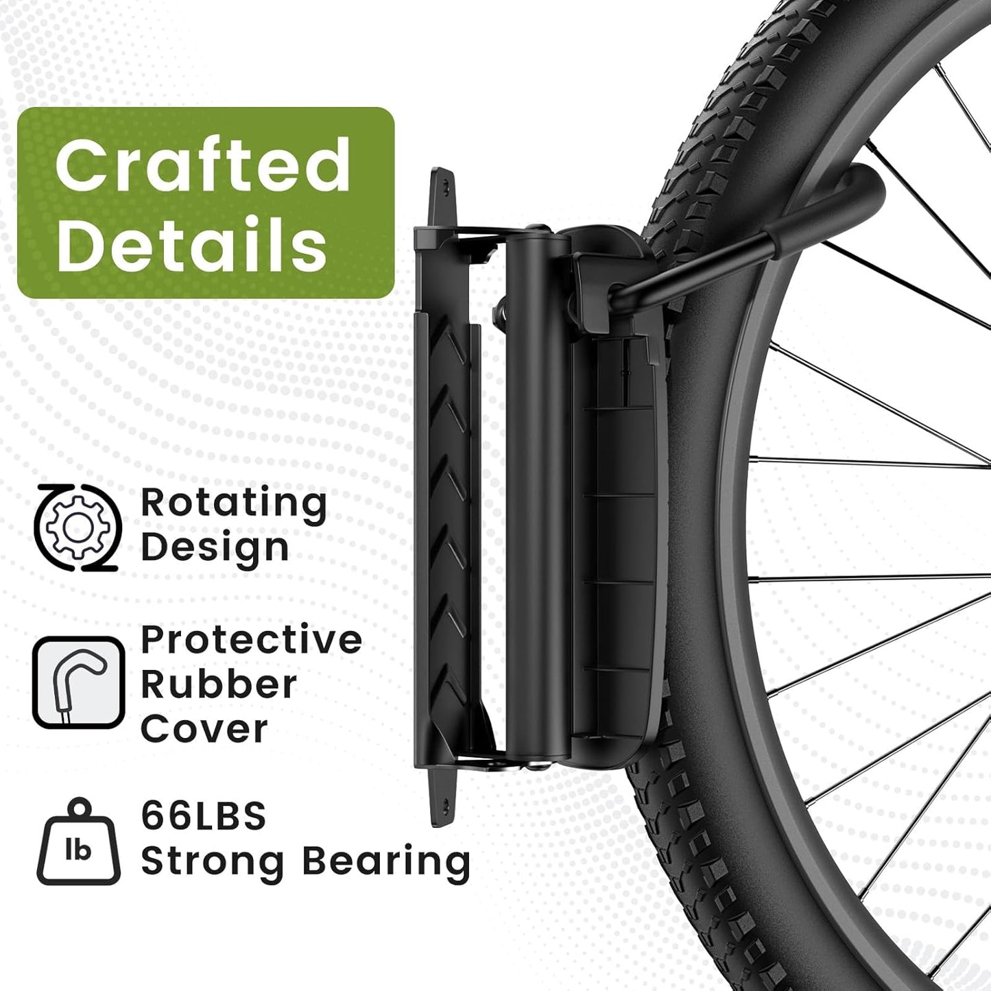 Swivel Bike Wall Mount [1 Pack], 150° Swivel Vertical Bike Rack Wall Hanger Holds up to 66lbs for Mountain/Road/Hybrid Bikes, Bike Hangers, Bicycle Storage Rack for Garage