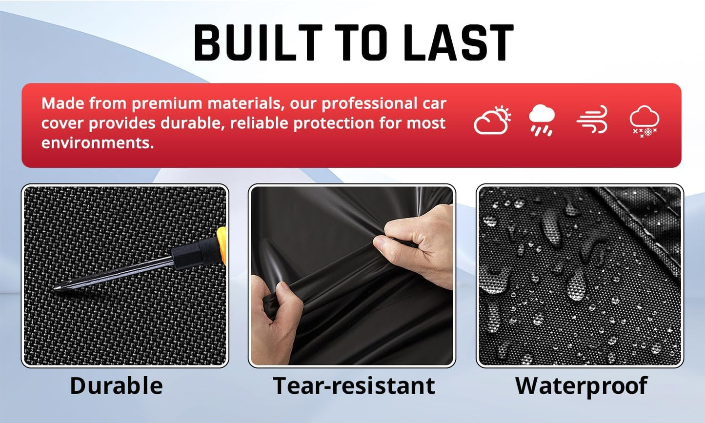 Car Cover Waterproof All Weather Protection with Red Stripe Design, Universal Fit Ford Mustang, Chevrolet Camaro, Toyota Camry, Honda Accord Civic, Nissan Altima,Tesla Model 3