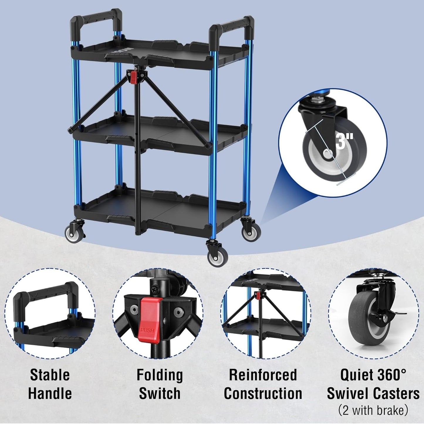 WORKPRO 3-Tier Collapsible Service Cart, 210 LBS Foldable Utility Service Cart with Wheels, Portable Tool Cart for Garage, Warehouse, Home, Restaurant, Office (No Assembly Required)