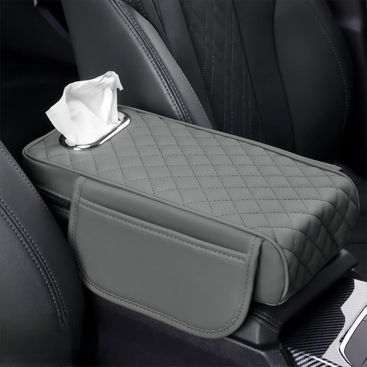 Car Armrest Cover Leather Car Console Covers Box Pad with Pocket and Tissue Box Arm Rest Cover for Car for SUV Truck Sedan Vehicle (Grey)