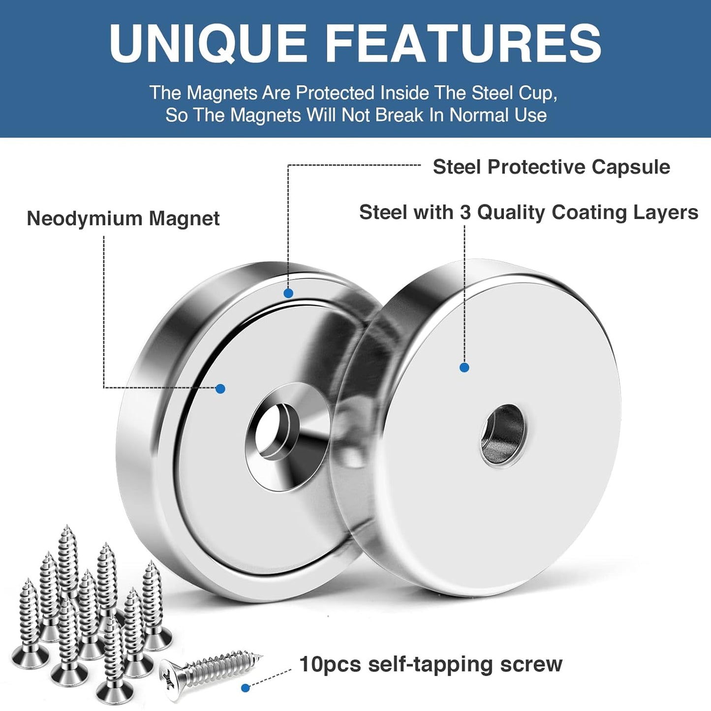 MIKEDE 10 Pack Strong Neodymium Cup Magnets, 70Lbs+ Holding Force Heavy Duty Round Base Cup Magnets with Countersunk Hole, Powerful Industrial Strength Rare Earth Magnet with Screws for Wall Mounting
