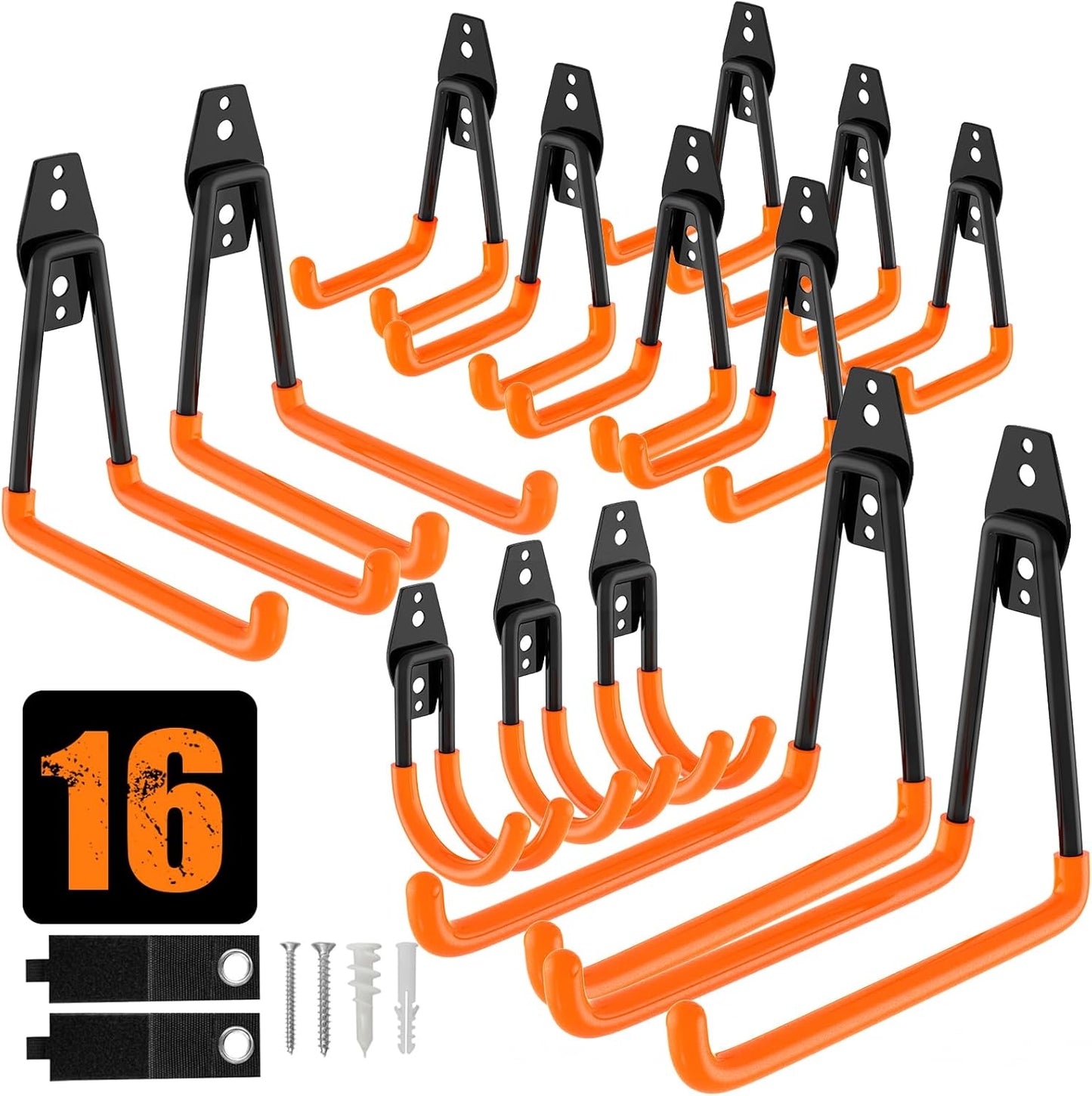 QcoQce 16 Pack Garage Hooks Heavy Duty with 2 Extension Cord Straps,Garage Storage Hooks, Wall Mount Hooks, Garage Organization and Tool Hangers for Bike, Ladder, Ropes and Garden Tools(Orange)