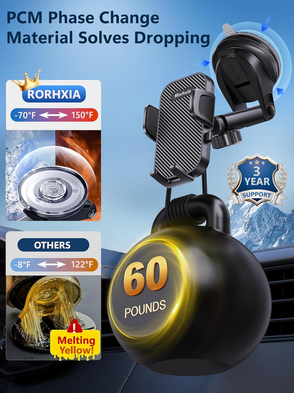 [2025 Most Stable & Flexible Suction Cup] 3-in-1 Car Phone Holder, Cell Phone Car Mount Fit for Vent/Dashboard/Windshield, All Phones, iPhone, Samsung and More