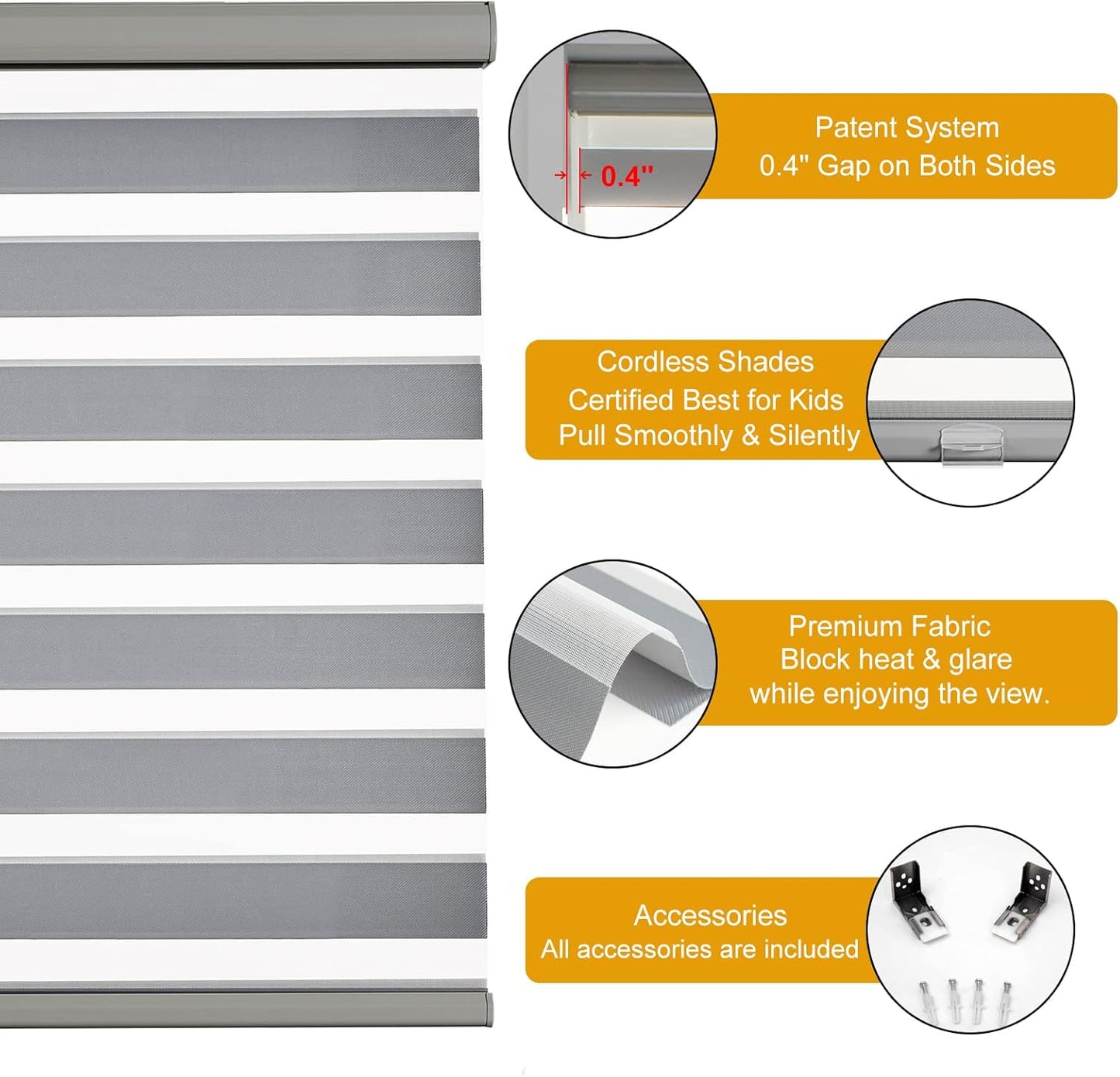 Persilux Cordless Zebra Blinds for Windows Free-Stop Window Shades (34" W X 47" H, Grey) Dual Layer Light Control for Day and Night, Light Filtering Sheer Shades for Home, Easy to Install