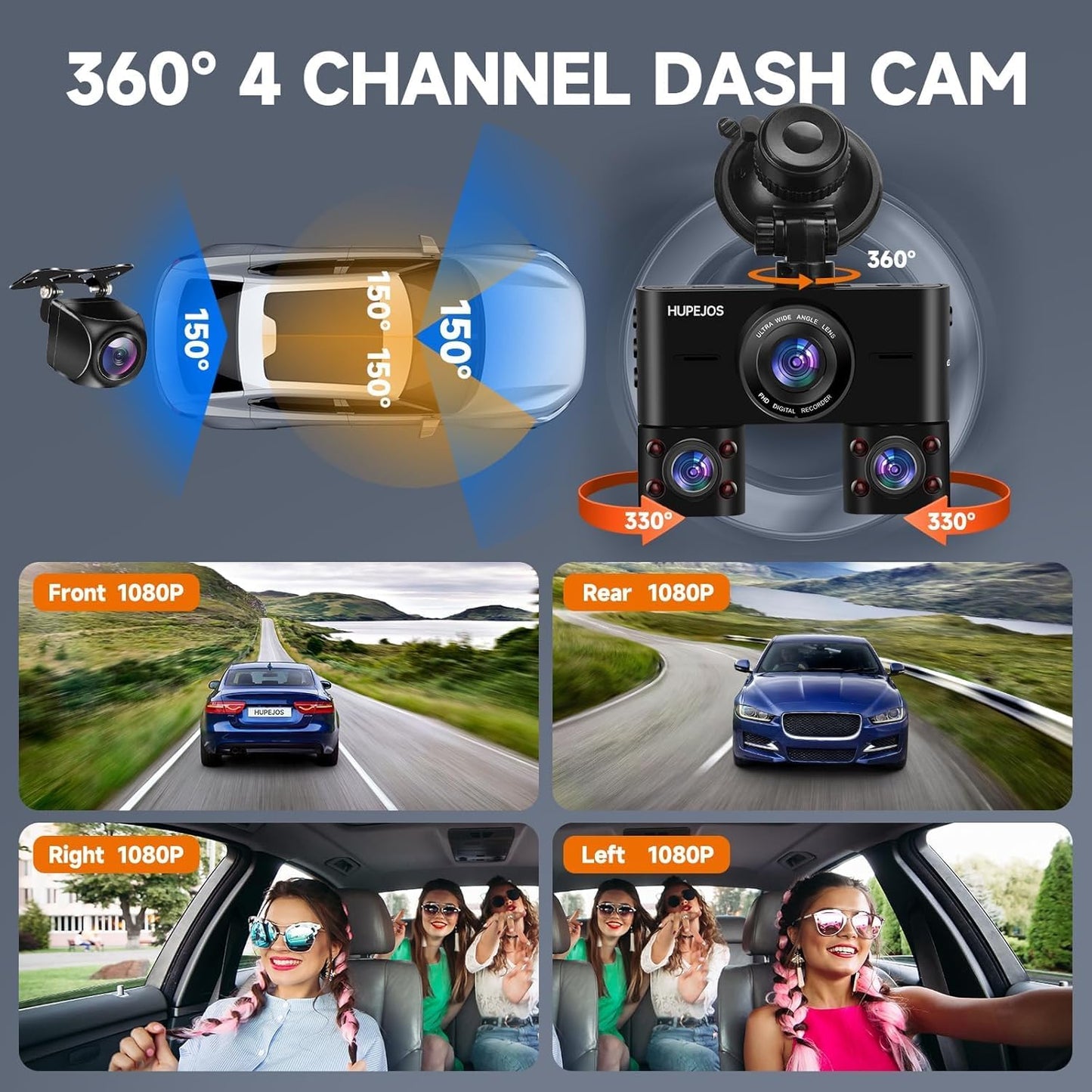 360° Dash Cam Front and Rear Inside, 4 Channel Dash Camera for Cars FHD 1080Px4, Built-in Wi-Fi, 3.16” IPS Screen, WDR Night Vision, Voice Control, Included 64GB Card, 24H Parking Mode