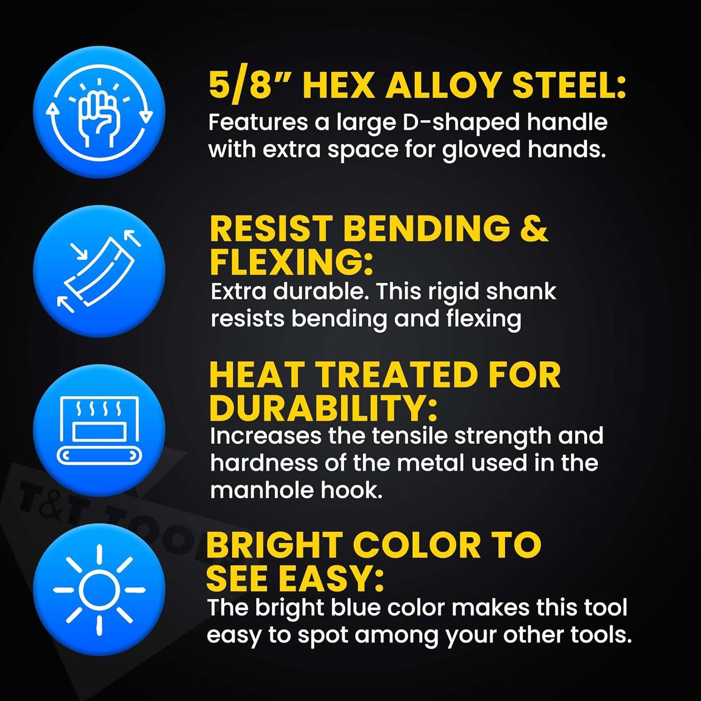 T&T Tools 36-Inch Manhole Hook Tool - Heavy Duty Single Hook for Lifting Manhole Covers, Storm Drains, Septic Tank Risers - Rigid Hex Alloy Steel Tool for Lifting, Pulling, and Removing Covers-4 Pack