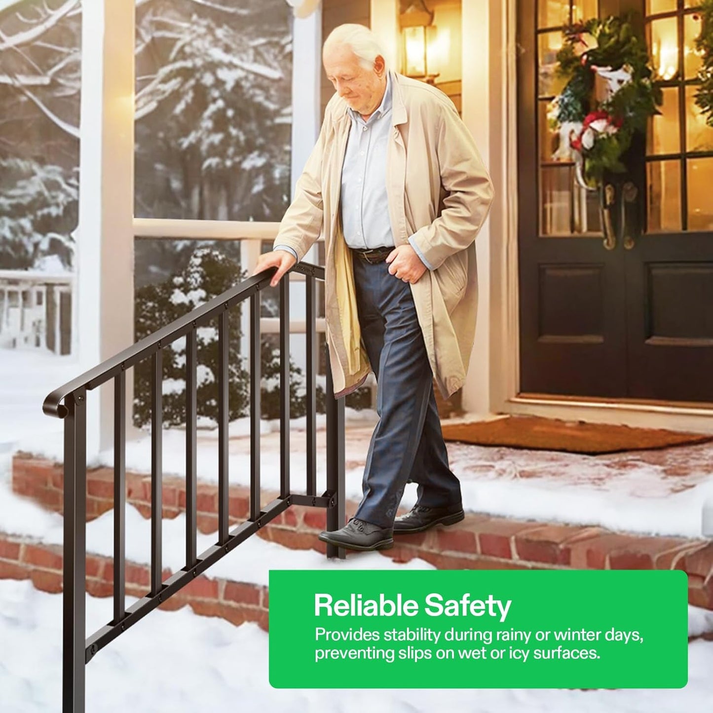 VIVOSUN Outdoor Handrail, 4 Step Stair Handrail, 54" x 36" Fits 1 to 4 Steps, Wrought Mattle Iron Stair Railing with Curved End and Balusters for Concrete Step, Porch Steps, One-Step Assembly, Black