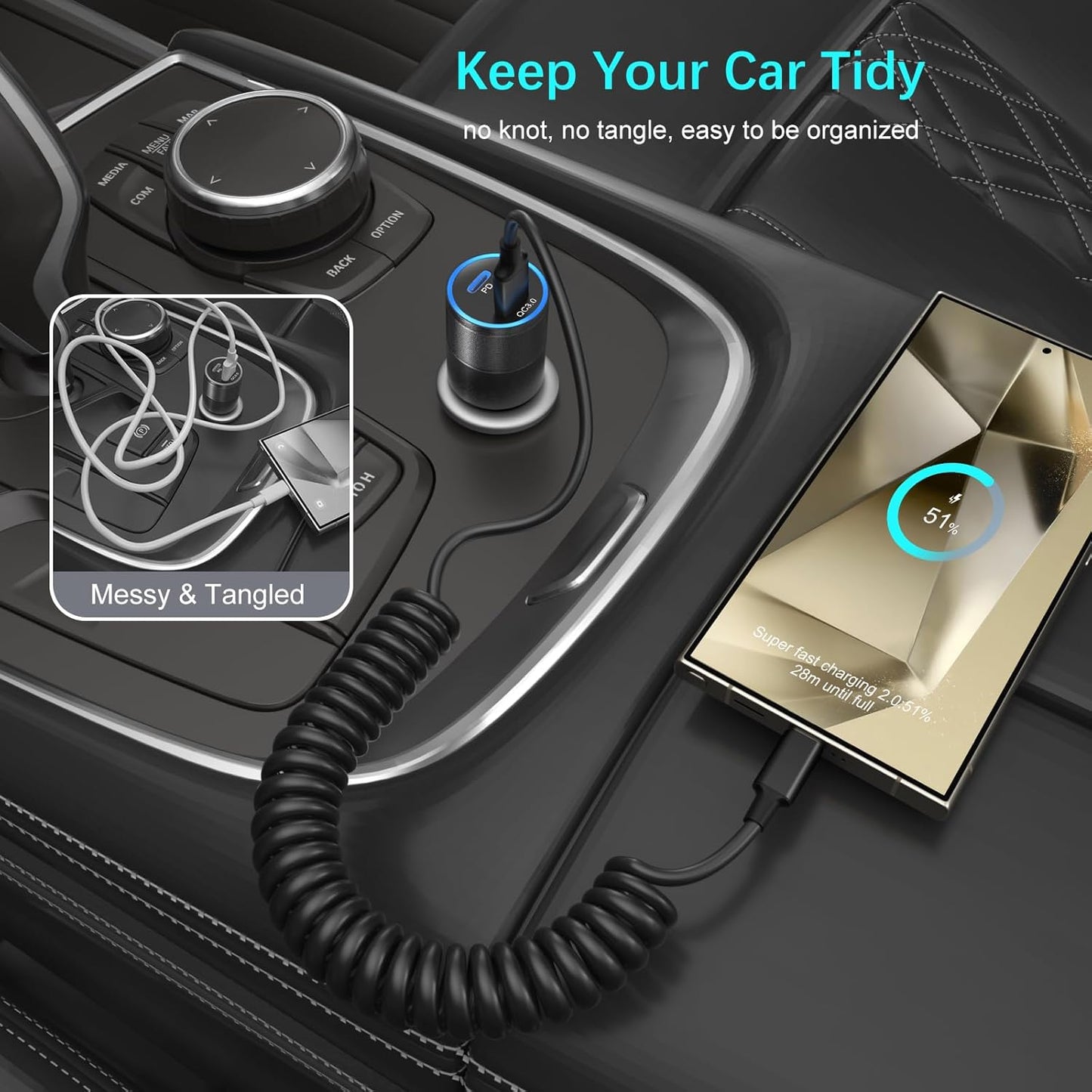 USB to USB C Cable Coiled Car Charger, C Charger Fast Charging Cord 3ft for Carplay 60W 3A Retractable Auto USB A to USB C for iPhone 16 15 Galaxy S25 Ultra S24 FE A15 A54 A35 A16, 2Pack