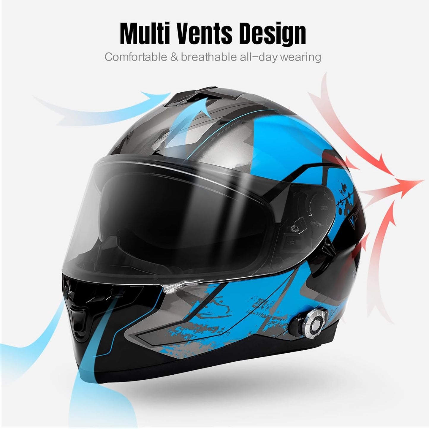FreedConn BM12 Bluetooth Full Face Motorcycle Helmet with Intercom System Dual Visor Bluetooth 5.0 Motorbike Helmet 2~3 Riders Pair/ 500M/ FM ( Blue & Black, X-Large)