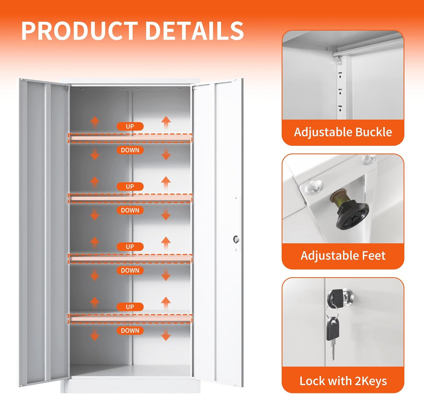 Metal Storage Cabinet with Adjustable Shelves, Garage Tool Cabinet with 2 Lockable Doors for Office, Home, Garage, Require Assembly, White