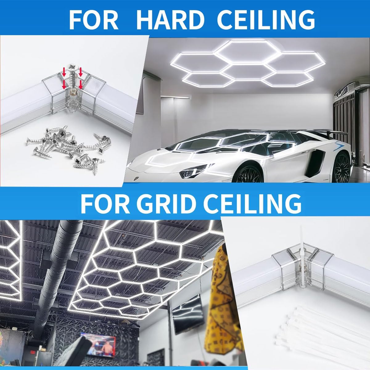 tewei Hexagon LED Garage Light, 6 Grids Hexagon Car Detailing Lighting Fixture 6500K Daylight White LED Shop Light, 265W, 26500LM Super Bright Ceiling Lights for Workshop, Warehouse, Gym, Basement