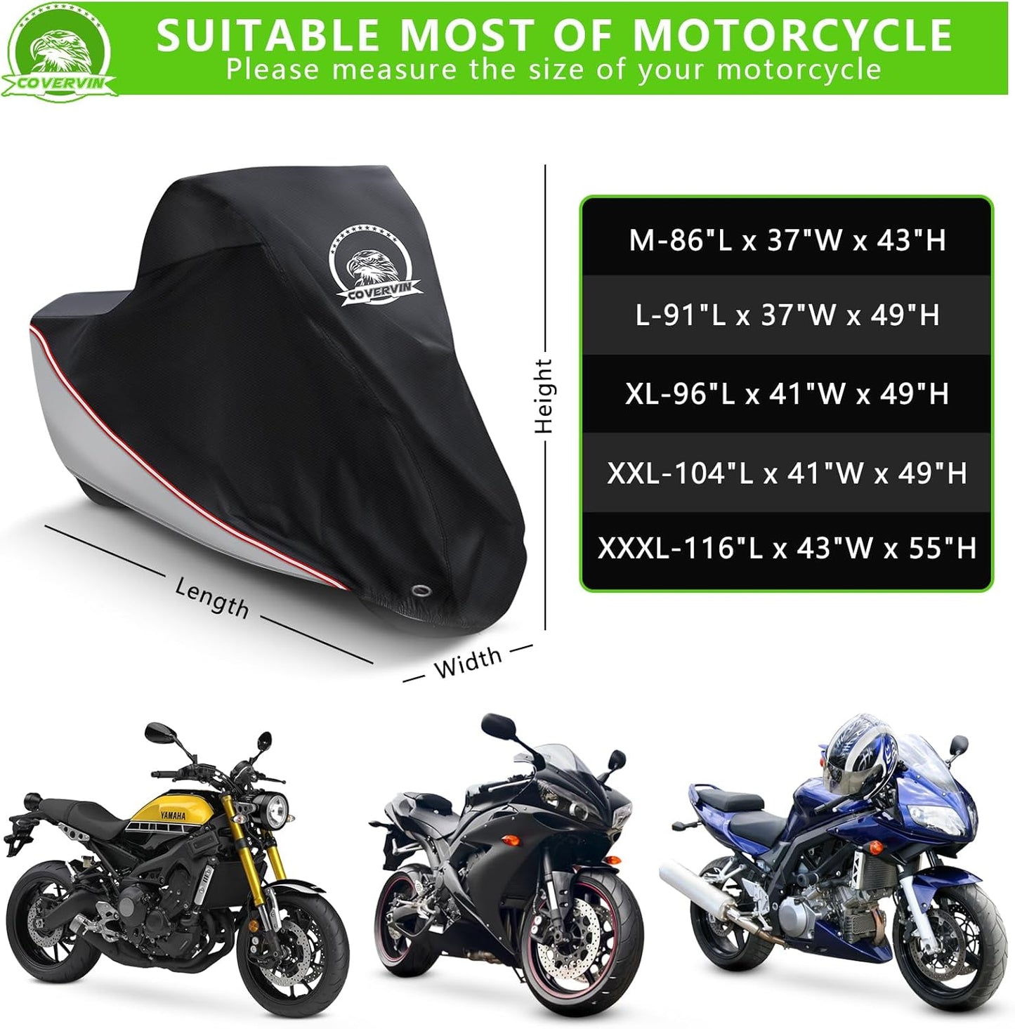 COVERVIN Motorcycle Cover, All Weather Outdoor Waterproof Night Protection with Reflective Strips, Locking Holes and Storage Bag for 91 Inch Suzuki, Kawasaki, Honda, Harley-Davidson(Silver L)