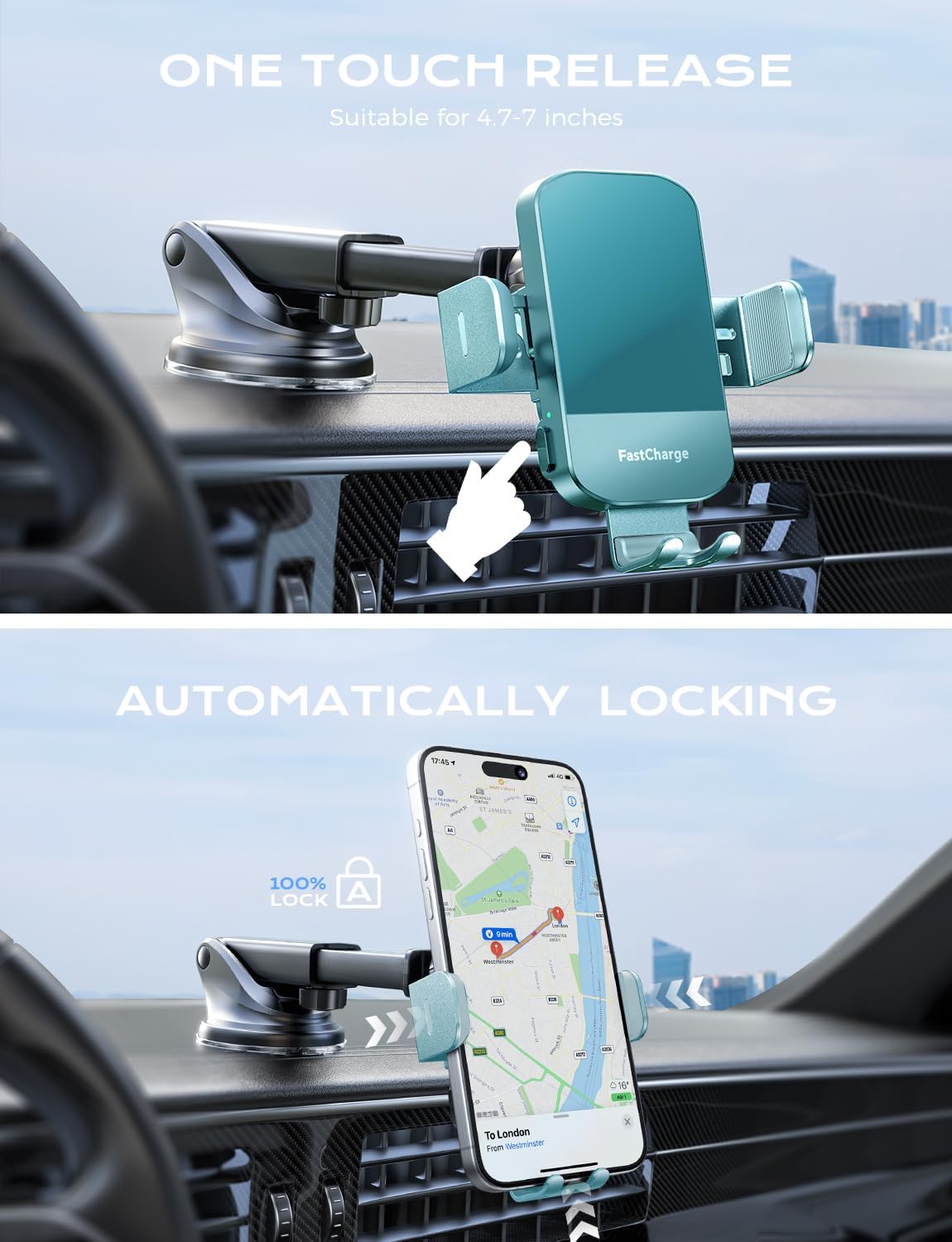 CHGeek Wireless Car Charger, 15W Fast Charging Auto Clamping Car Charger Phone Mount Phone Holder fit for iPhone 16 15 14 13 12 Pro Max 11 XR XS, Samsung Galaxy S25 Ultra S24 S23 S22, Dark Teal