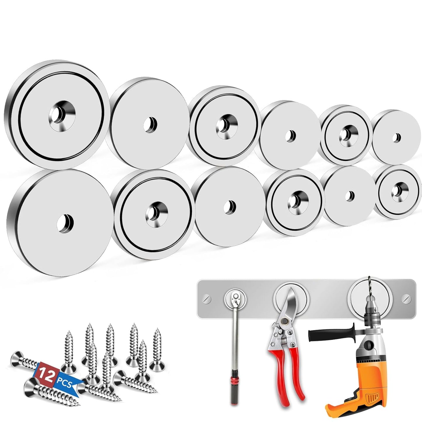 LOVIMAG Strong Rare Earth Magnets, 3 Sizes - Neodymium Cup Magnets with Countersunk Hole and Screw for Tool Organizer, Fridge, Cabinet - Pack of 12