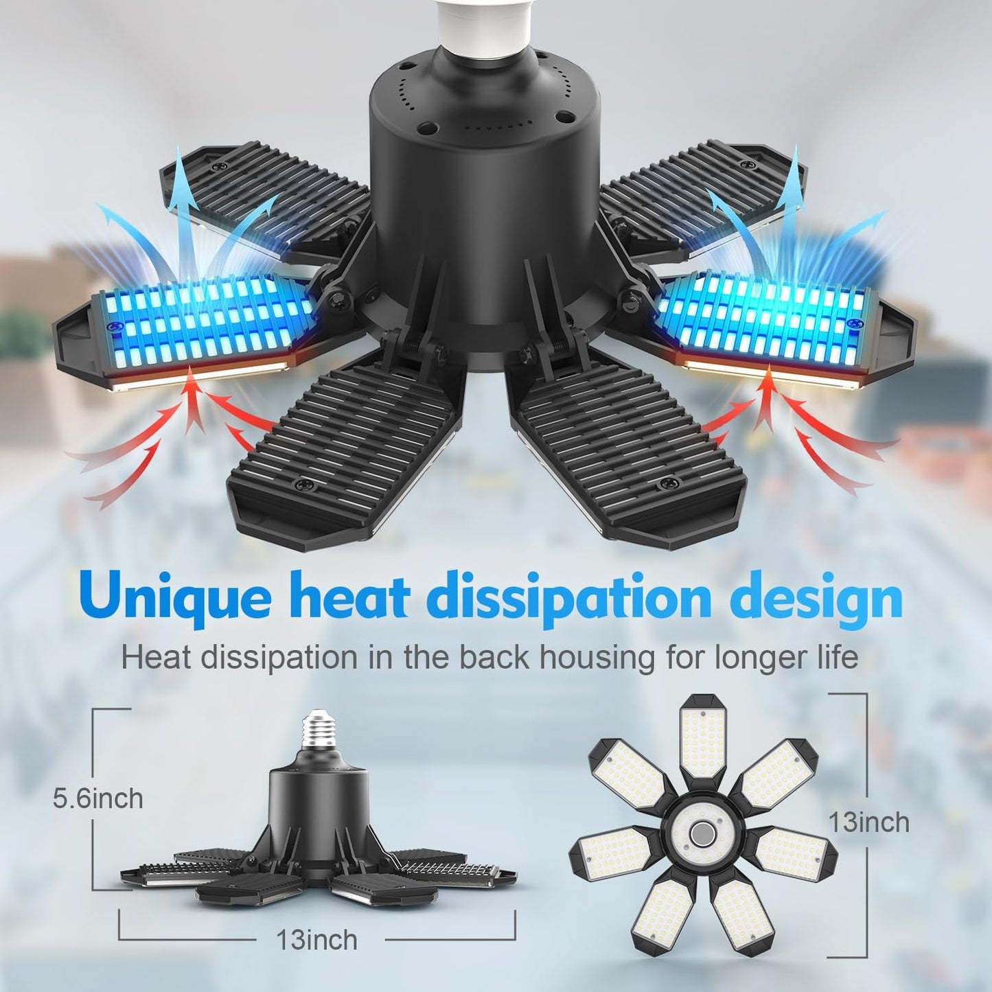 TANBABY Garage Lights, 250W Deformable Ceiling LED Shop Lights, 20000LM LED Light 6500K Garage Lighting 7+1 Adjustable Panels Bulb