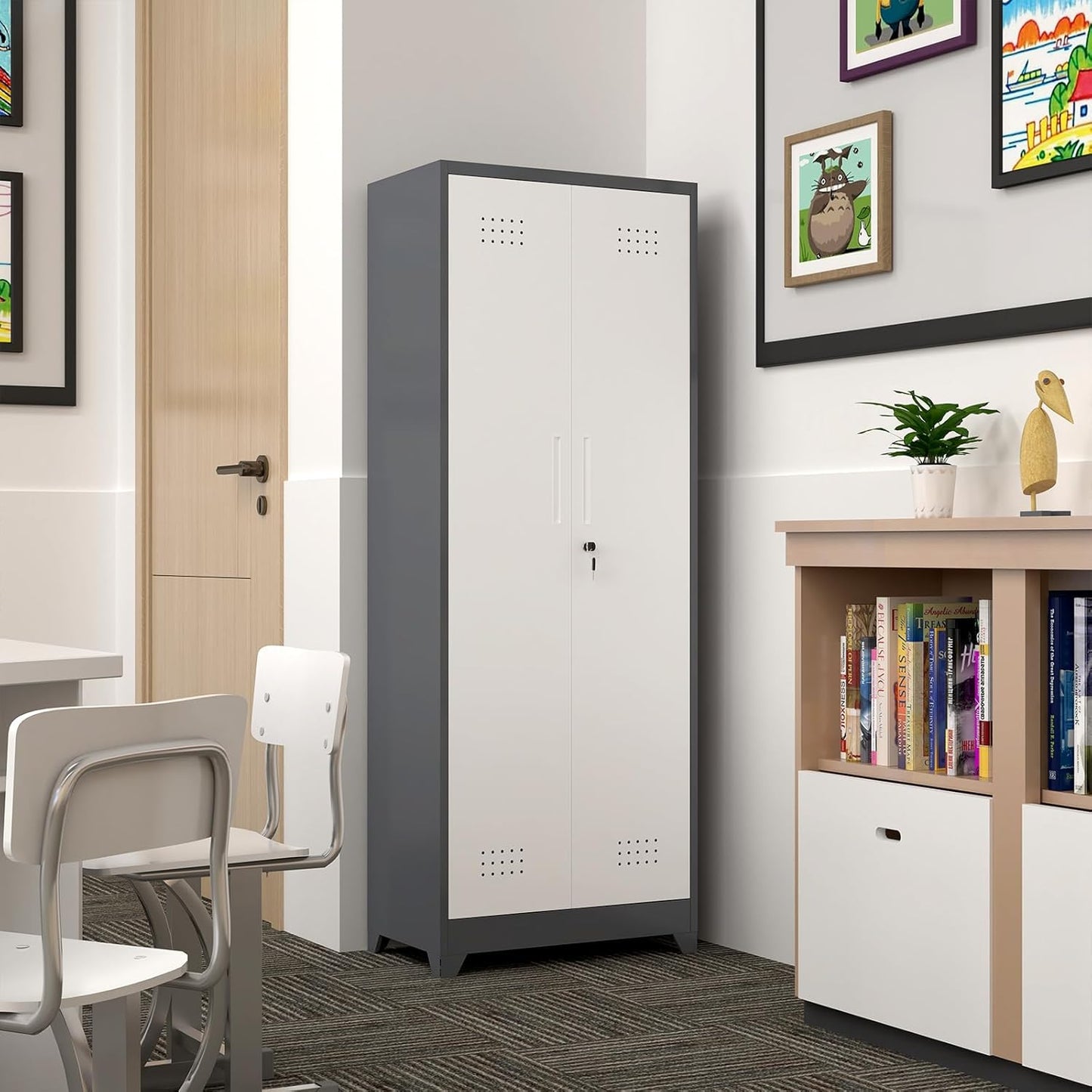 Metal Cabinets with Doors and Adjustable Shelves, 65" H Lockable Storage Cabinet, Grey-White Utility Cabinet for Brooms and Mops for Home,Kitchen,Garage