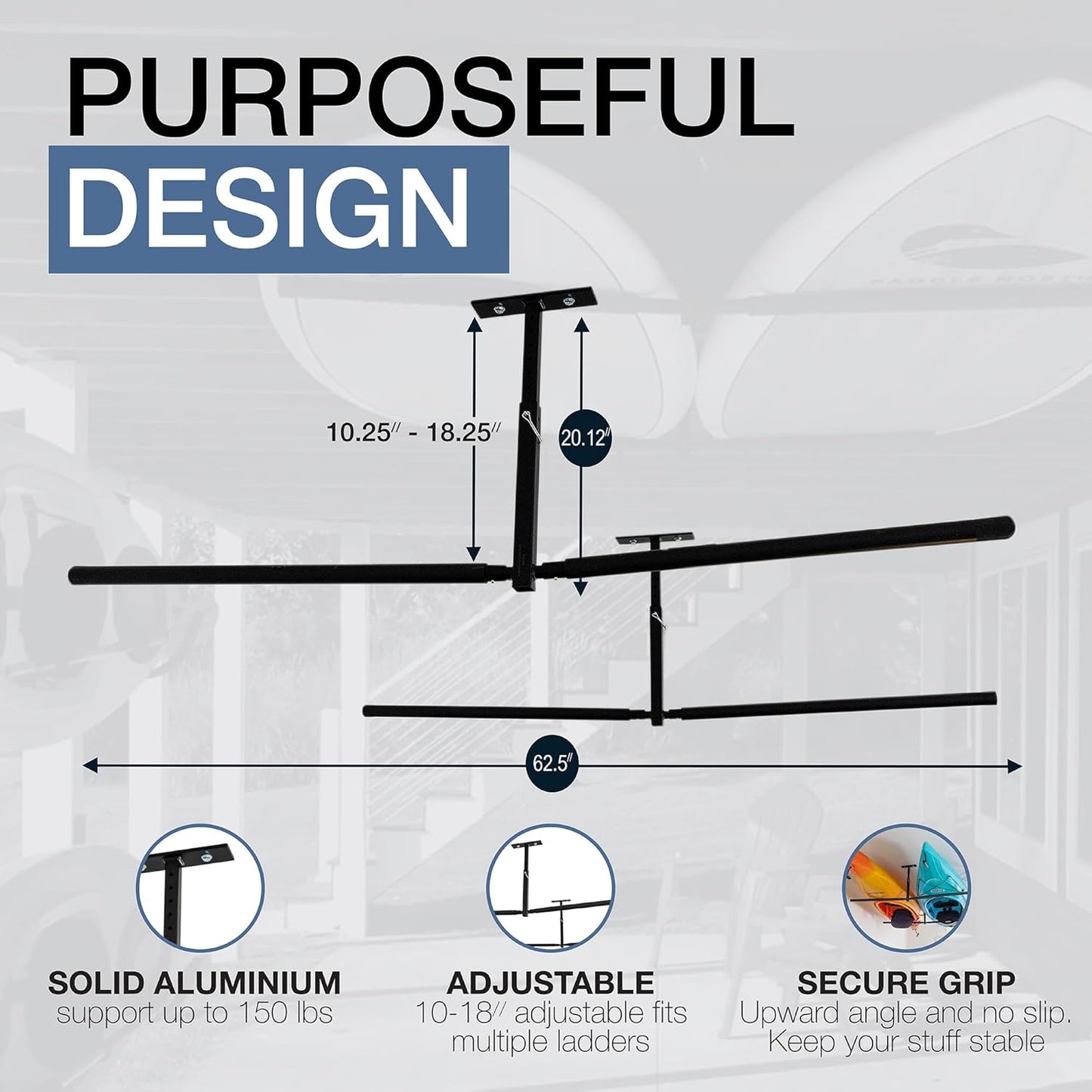 StoreYourBoard Adjustable Kayak Ceiling Rack – Hi Port 2 Garage Ceiling Kayak Hanger | Adjustable Overhead Kayak Storage for Recreational & Touring Kayaks | Garage Organization