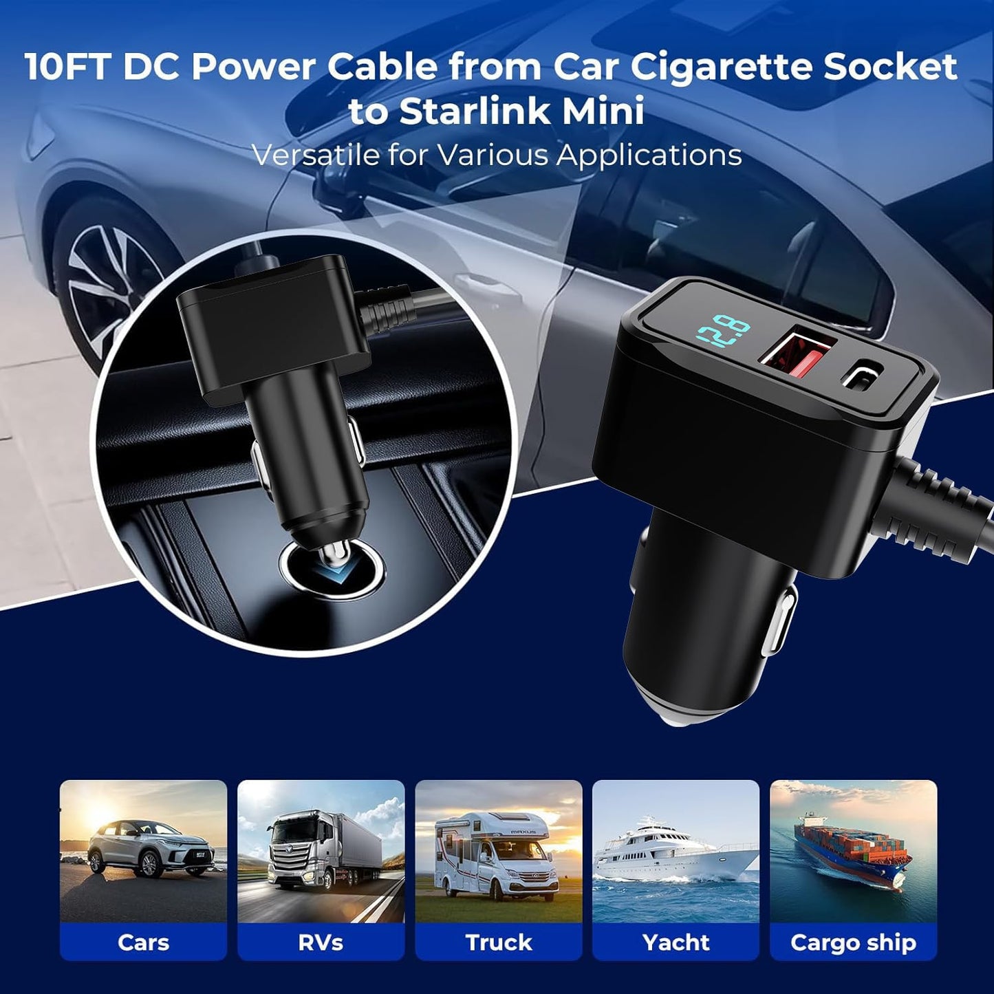 3 in 1 Starlink Mini Cable 10FT, Nolansend Starlink Mini Car Charger DC Power Cable+Cigarette Lighter Adapter 12V-48V with Digital Display, Durable USB C PD 36W/USB A 18W Ports for Trucks and Cars