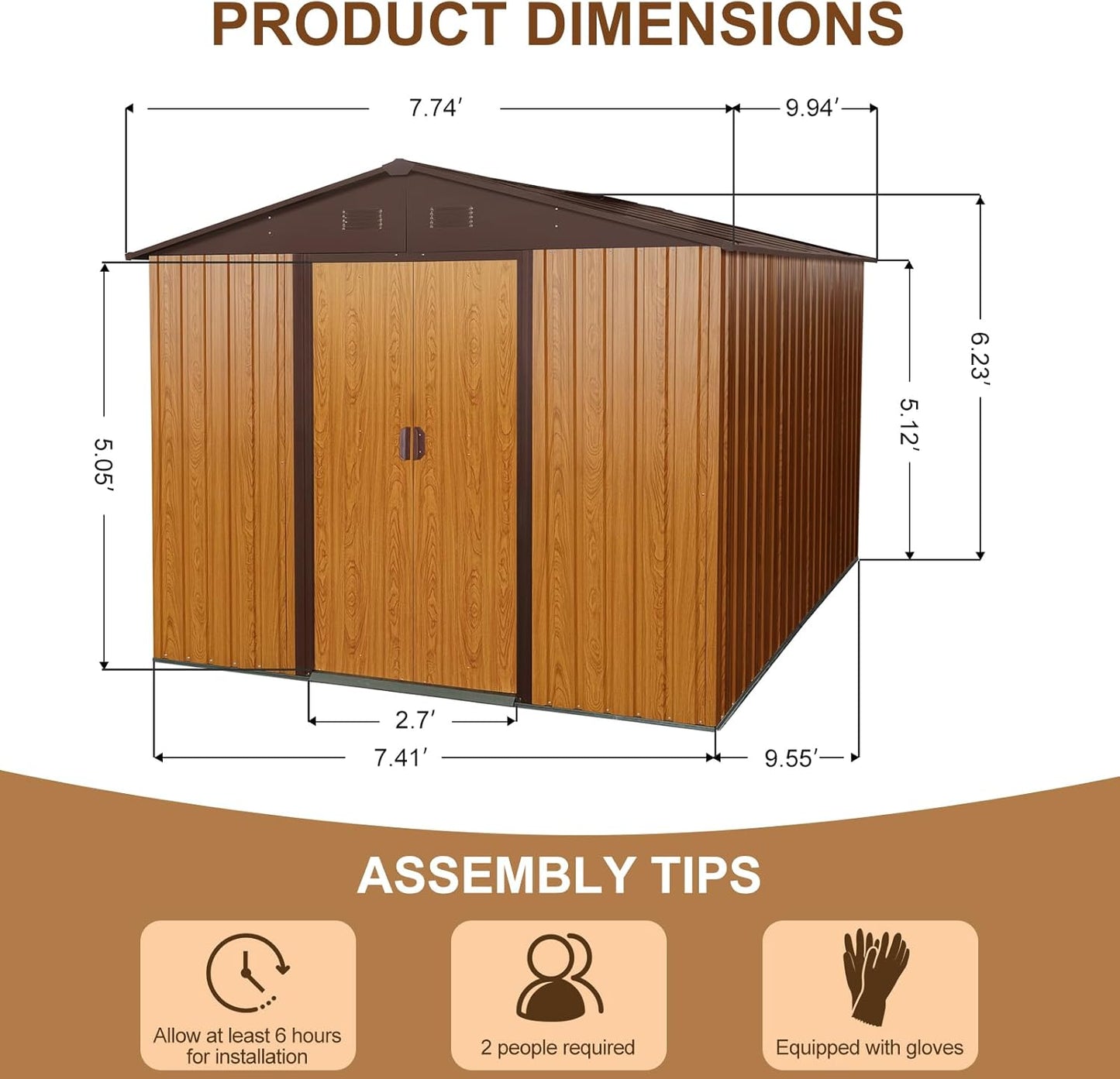 8x10 FT Outdoor Storage Shed, Metal Garden Shed with Frame Floor, Outside Tool Shed with Lockable Sliding Doors, Waterproof Storage Building with Sloped Roof for Backyard, Patio, Lawn, Coffee