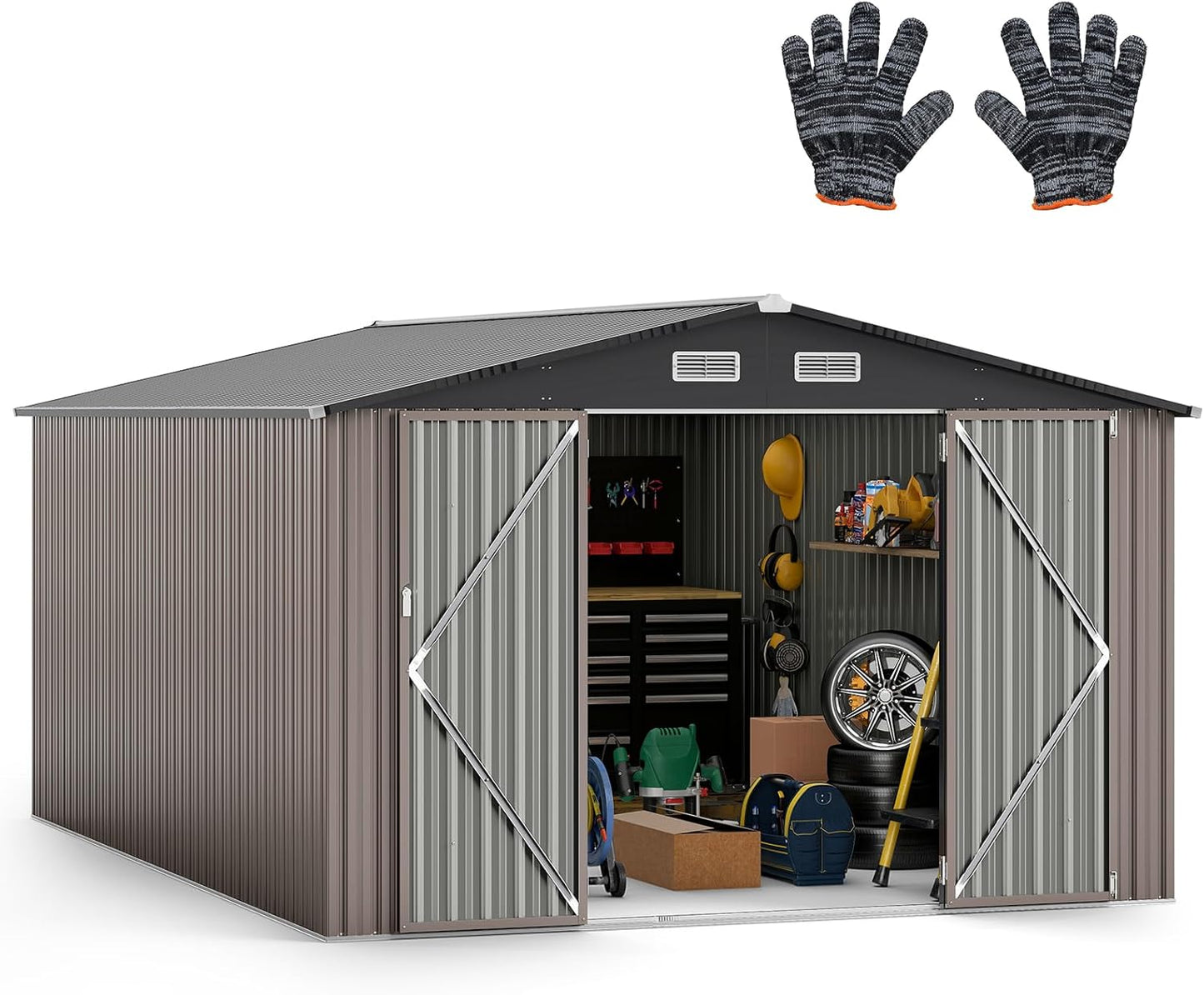 Goplus 10 x 14 FT Outdoor Storage Shed, Large Garden Tool House w/Improved Windproof Metal Structure, 4 Vents, Lockable Door, Waterproof Utility Tool Organizer for Backyard, Lawn, Patio