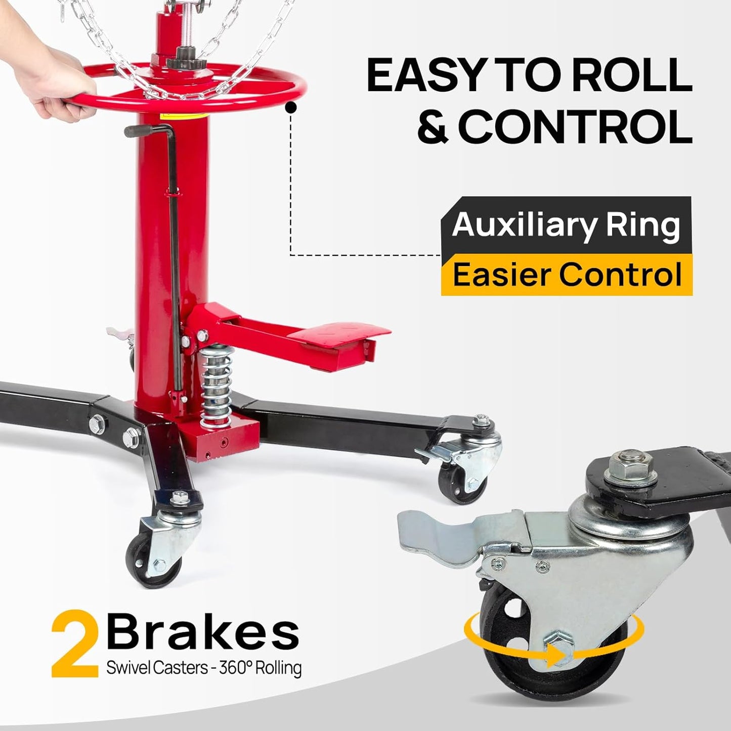 TUFFIOM Transmission Jack, 1100 lbs 1/2Ton Hydraulic 2-Stage High Lift Vertical Telescoping Floor Jack Stand, 34" to 68" Lifting Range, w/Pedal, 360° Swivel Wheels, Garage/Shop Lift Hoist, Red