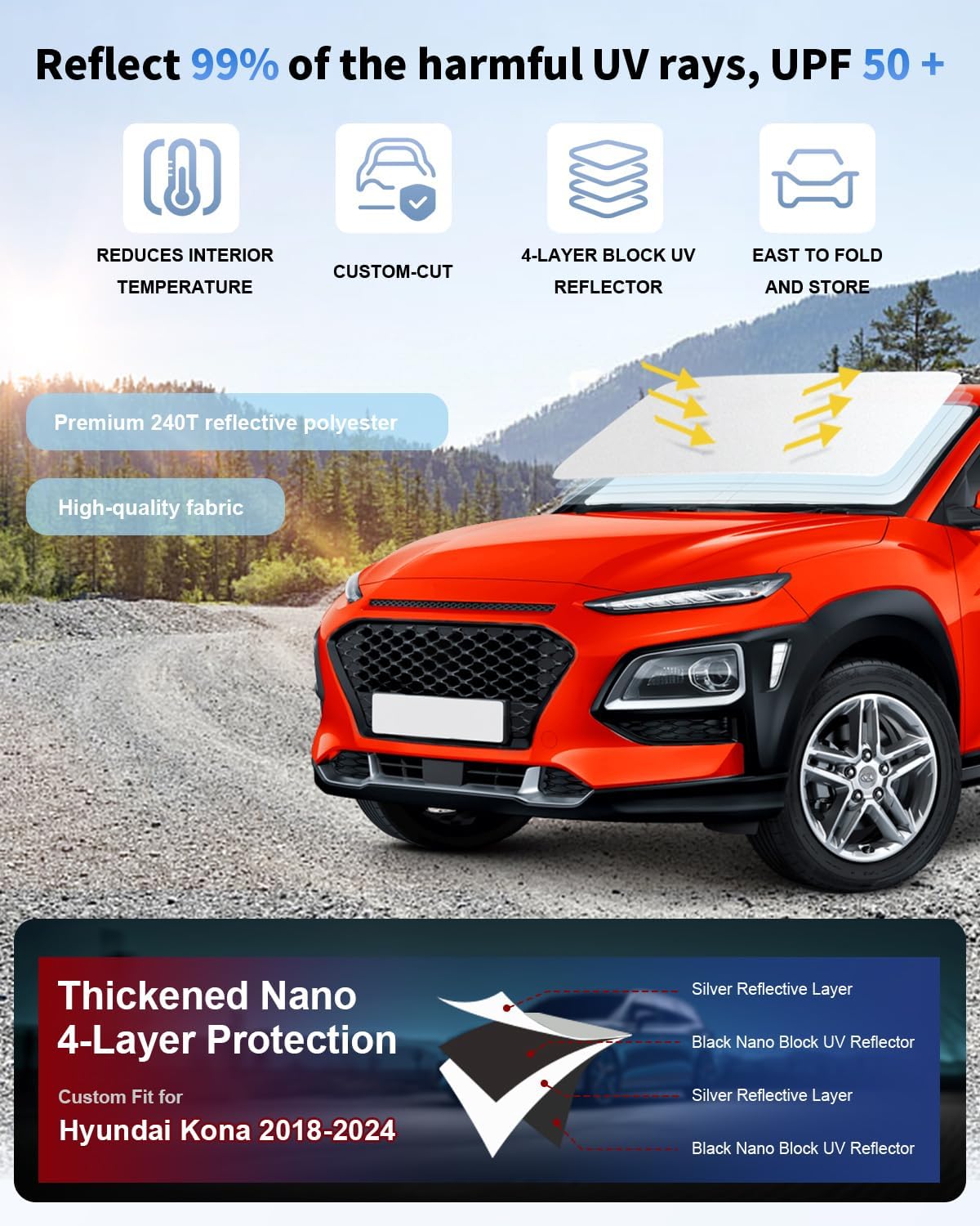 Sunshade Custom Fit 2018-2024 2025 Hyundai Kona Windshield Sun Shade, Front Window Shield Sun Visor Protector for Kona Accessories Windshield Cover Block UV Rays