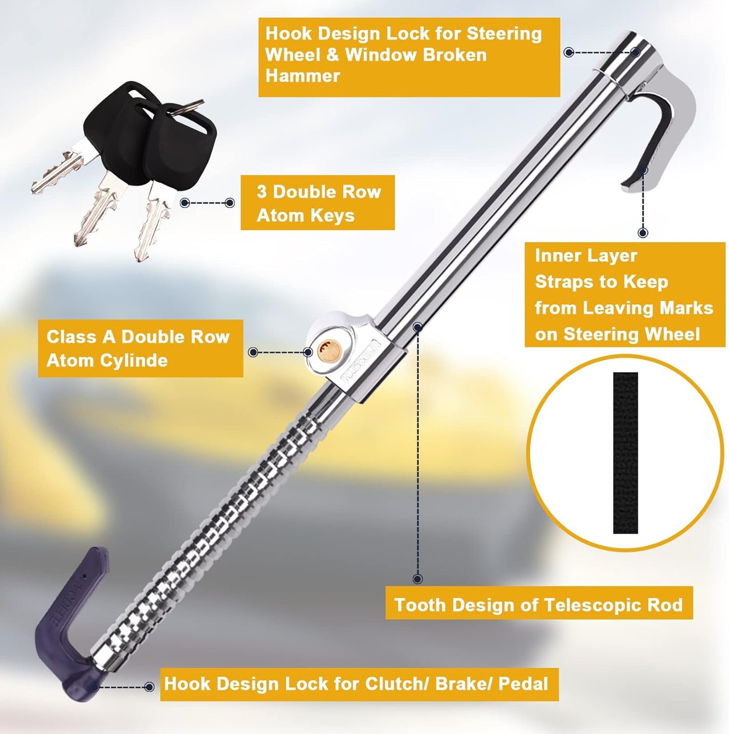 Tevlaphee Universal Steering Wheel Brake Lock Anti-Theft Retractable Double Hook Extended Car Lock Clutch Pedal for Car Truck SUV Van Security with 3 Keys(Extended)
