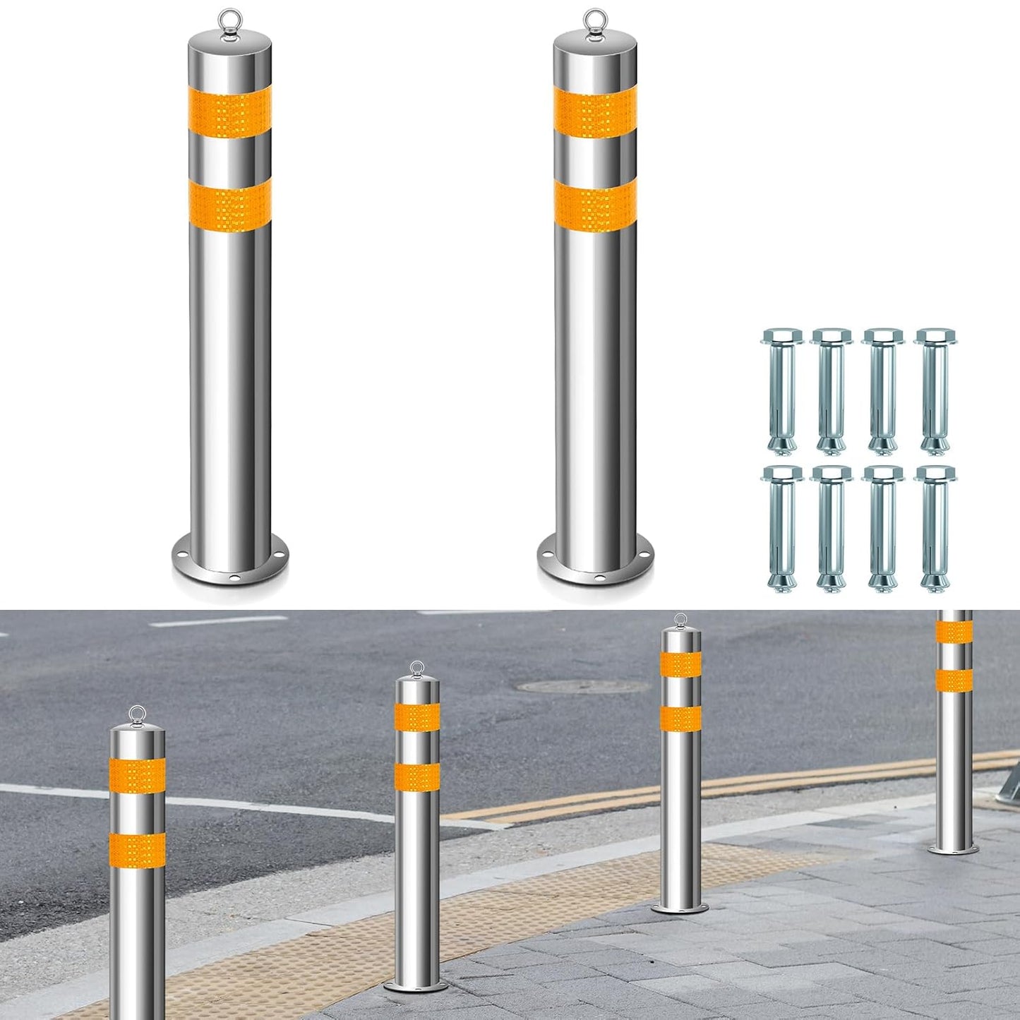 31.5 Inch Stainless Steel Bollard Post with Anchor Bolts Parking Barrier Block Safety Bollard Covers with Reflective Strips and Hanging Ring for Parking Lots Driveways Garage Pathways(2 Pcs)