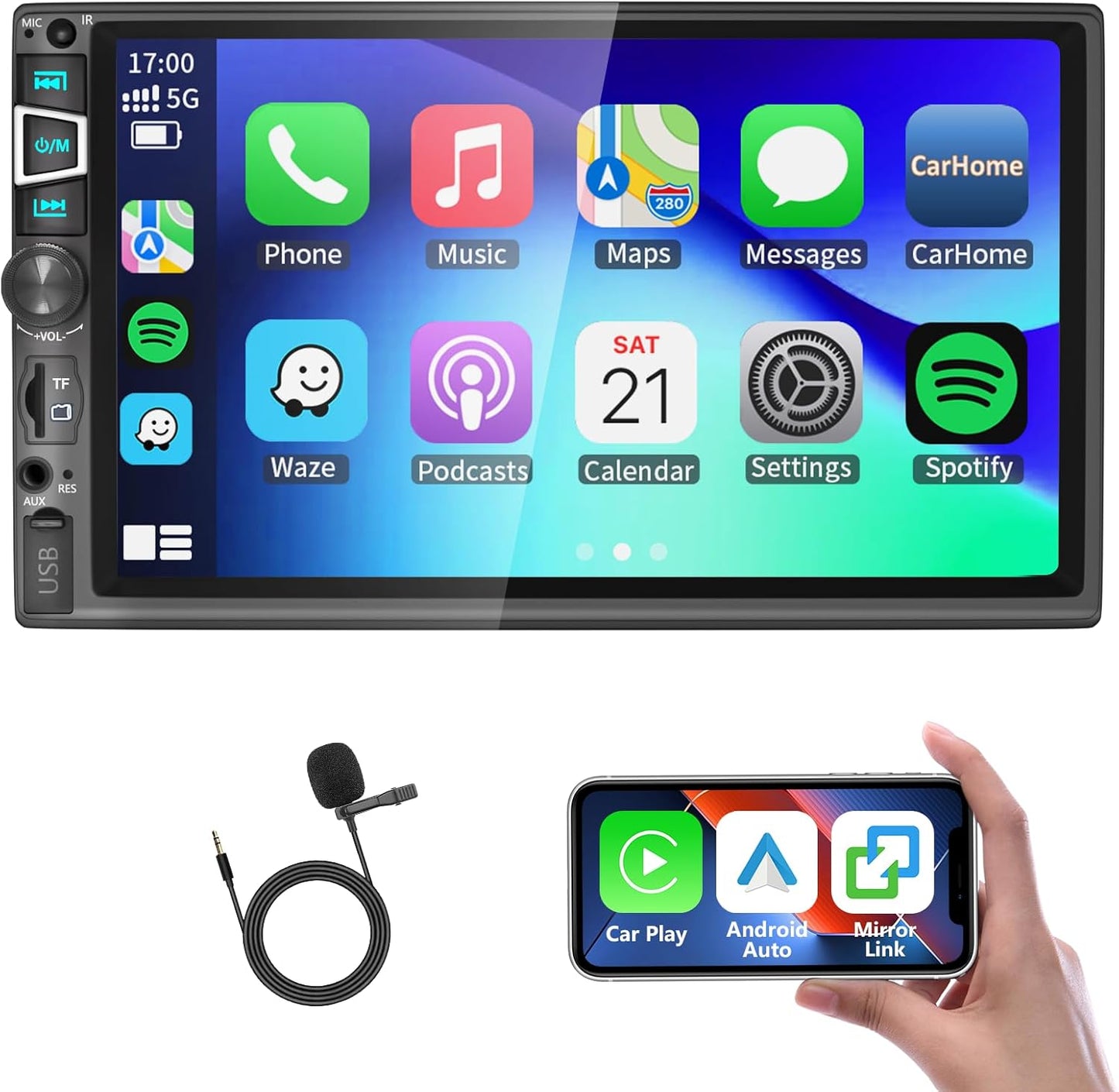 Double Din Car Stereo Compatible with Wireless Carplay&Android Auto&Mirror Link,7 Inch HD 1024 * 600 Touchscreen with Bluetooth 5.2,Backup Camera Input,Voice Control,USB/AUX/TF/SWC/MIC,AM/FM Radio