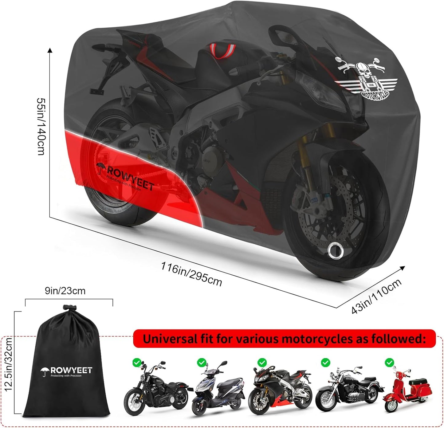 Motorcycle Cover Waterproof Outdoor Storage with Lock-Holes, Storage Bag & Night Reflective Design, Heavy Duty Protection Powersports Vehicle Covers Fits up to 96.5"-116" (420D Red, 116")