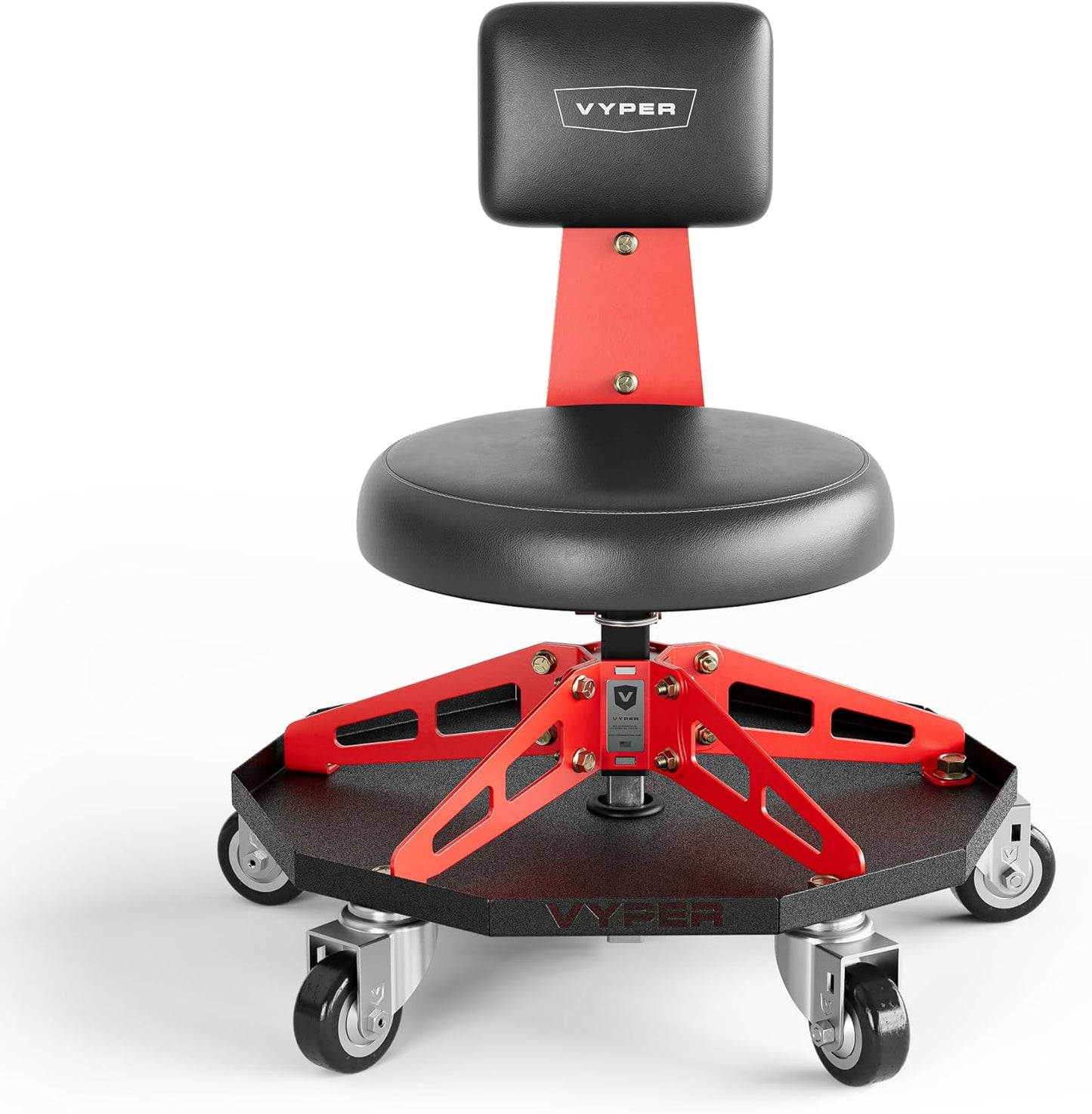 Vyper Robust Steel Sport Shop Chair for Mechanics, Automotive, DIY - 300 lb Capacity Garage Stool with Backrest & Large Wheels (Black Seat, Red Frame)