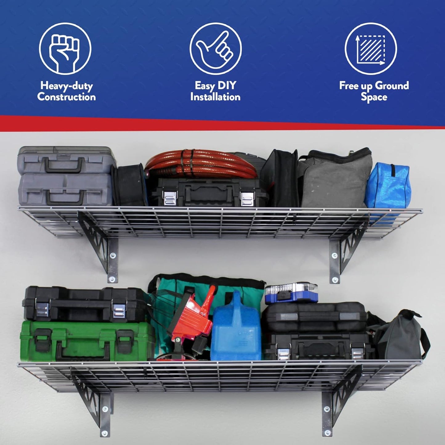 SafeRacks Wall Shelves - 2 Pk 12"x36" Wall Mountable Shelving Unit for Storage Rack, Pantry Shelves, or Utility Shelving, Heavy Duty Shelves w/ 4 Versatile Accessory Hooks, 300lbs Capacity, Hammertone