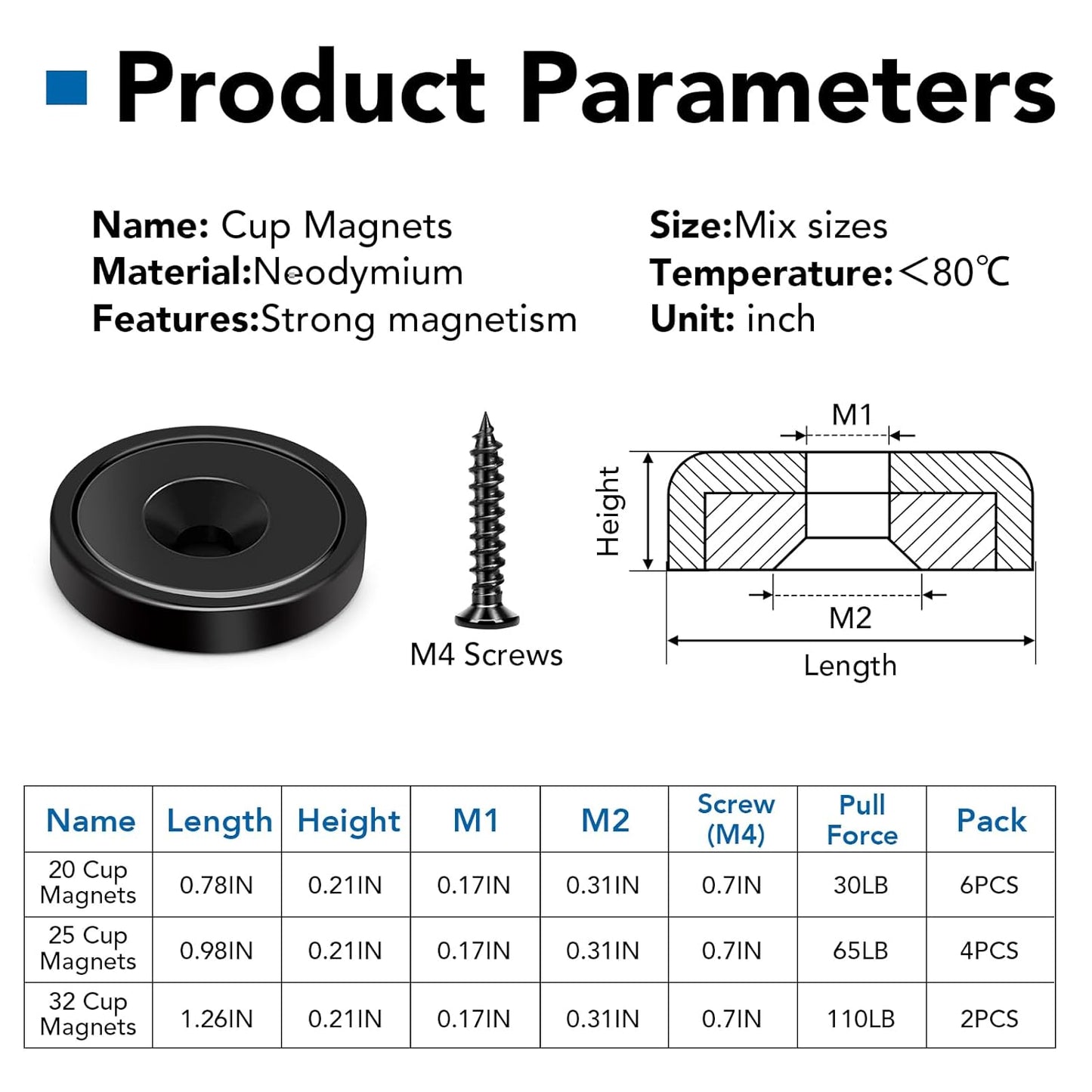 LOVIMAG Strong Neodymium Cup Magnets, 3 Sizes, 12Pcs Black Heavy Duty with Countersunk Hole and Screw for Wall Mounting, Holding Tools, Lifting, Fridge, Cabinet