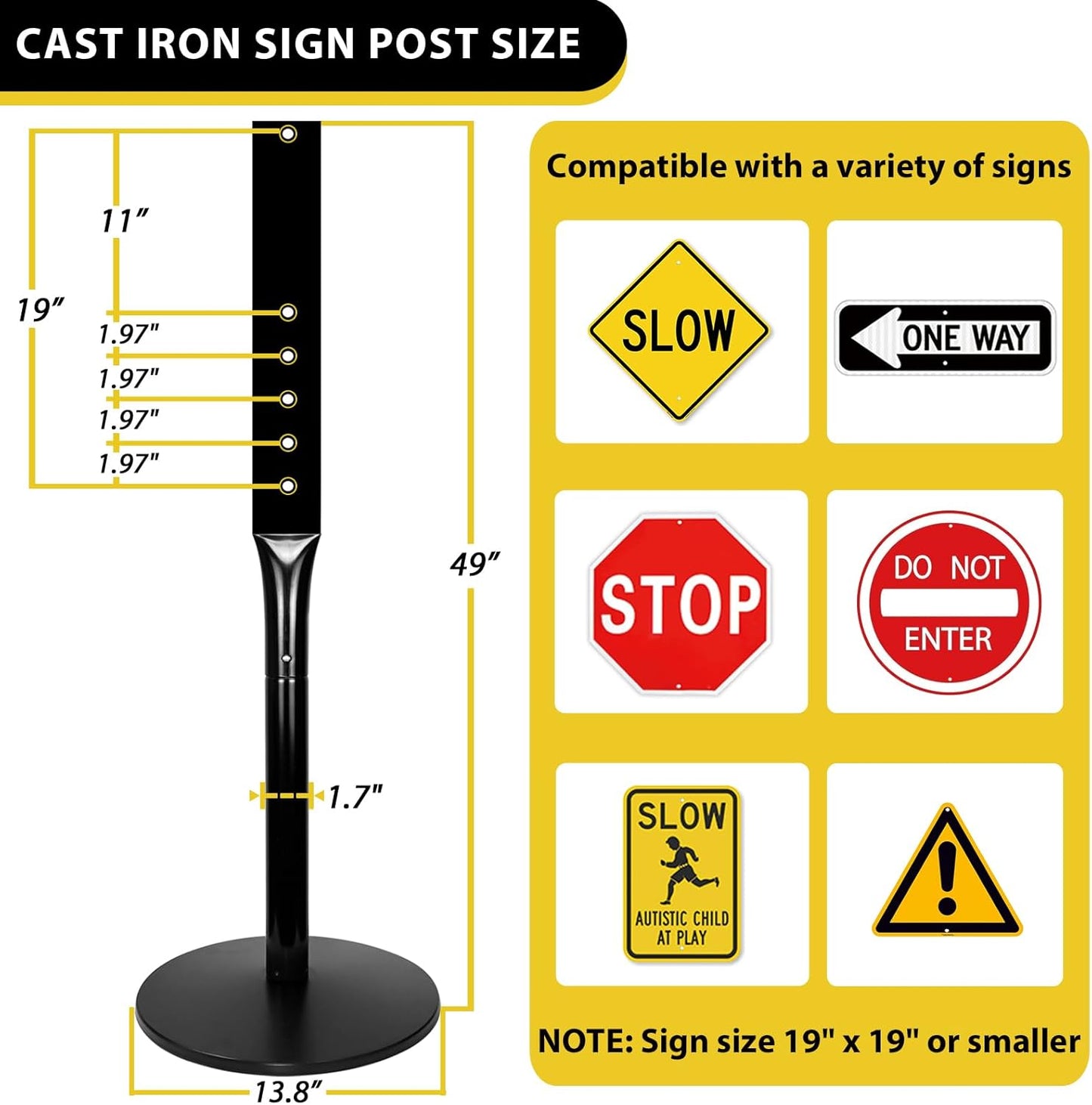 Parking Sign Stand with Base - 20 Lbs Cast Iron Parking Sign Post for Hanging Traffic Construction Street Warning Notice, Movable Black Heavy Duty Base Stand for Outdoor Use, 2 Pack