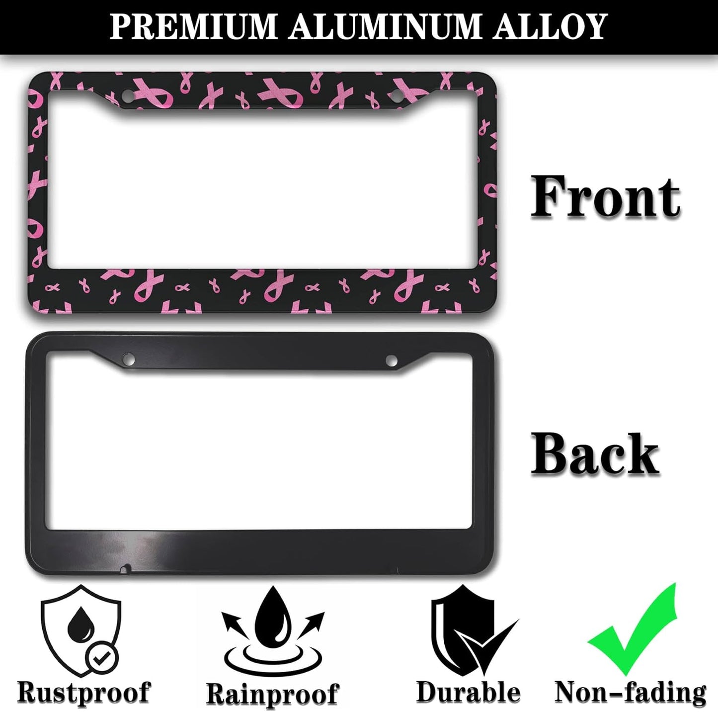 License Plate Frames for Men Black Powder Car License Plate Frame for Women Pink Ribbon Aluminum Metal Car Accessory 2 Pack with Screw Covers Set